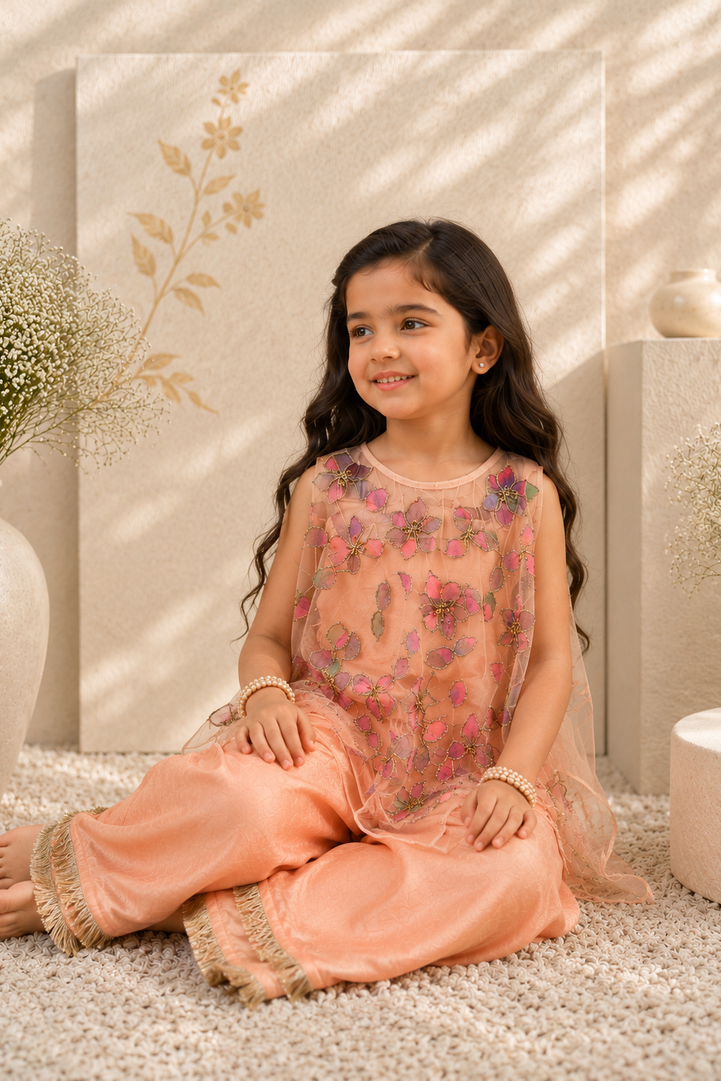 Blossom — 3D Net Cape & Palazzo Set in Peach