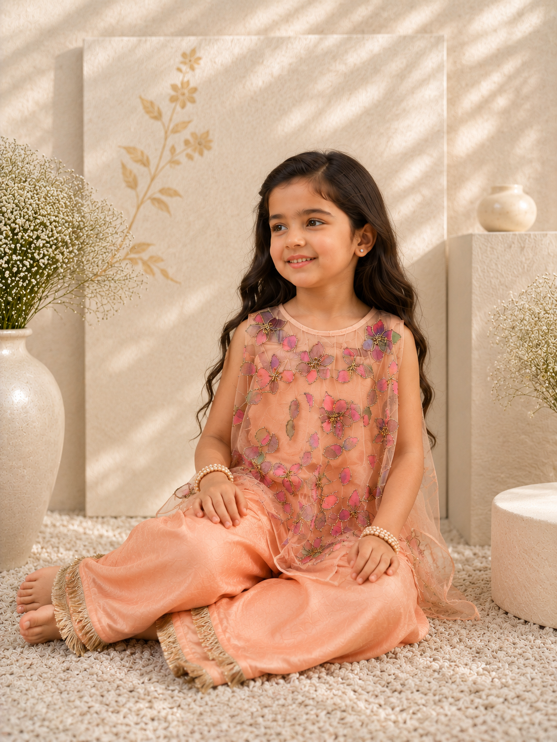Blossom — 3D Net Cape & Palazzo Set in Peach