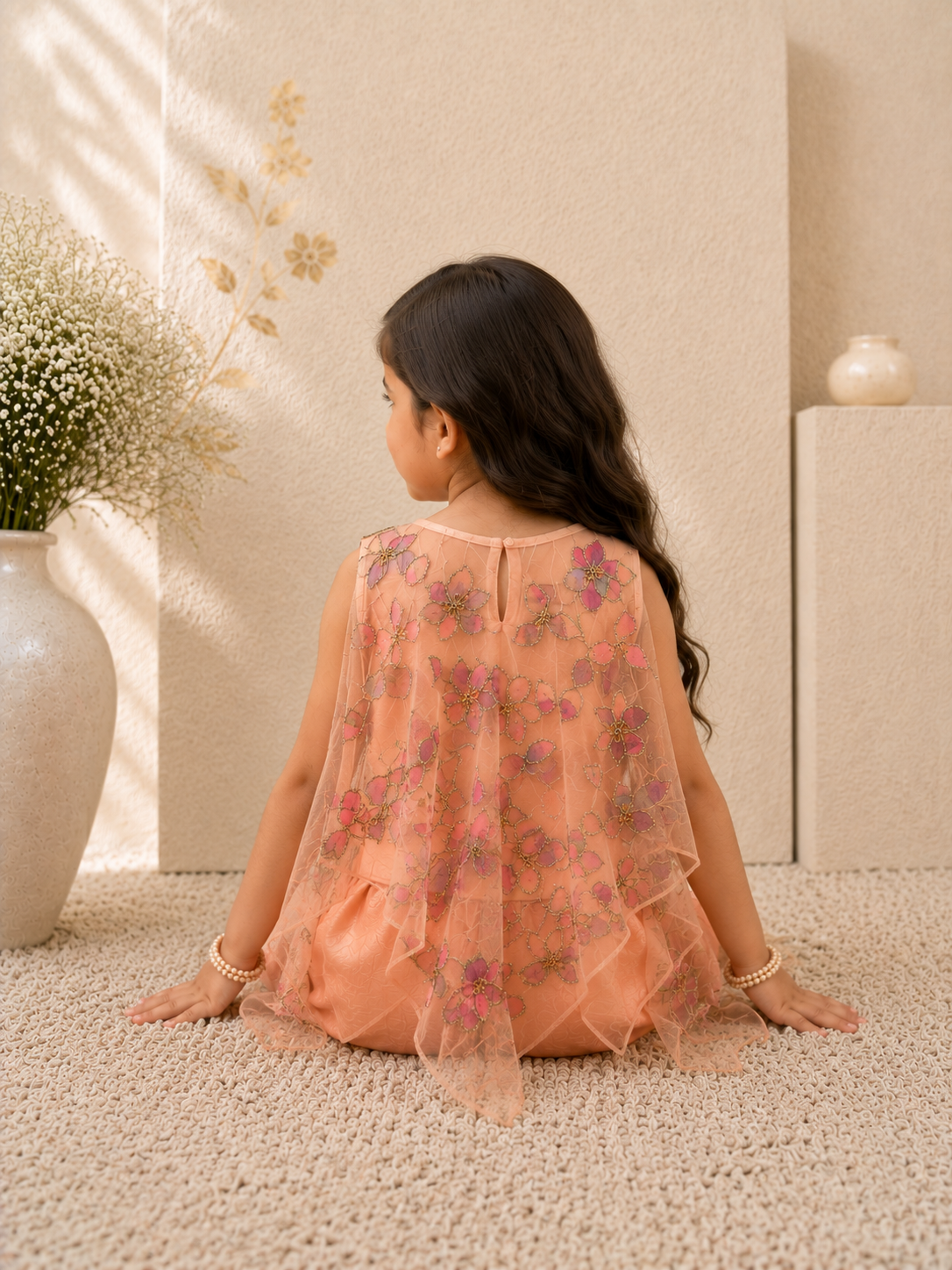 Blossom — 3D Net Cape & Palazzo Set in Peach