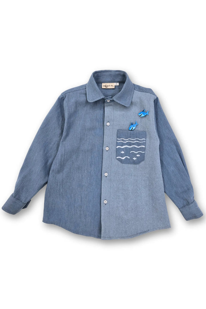 Dual Colour Denim Boys Shirt with Sharks