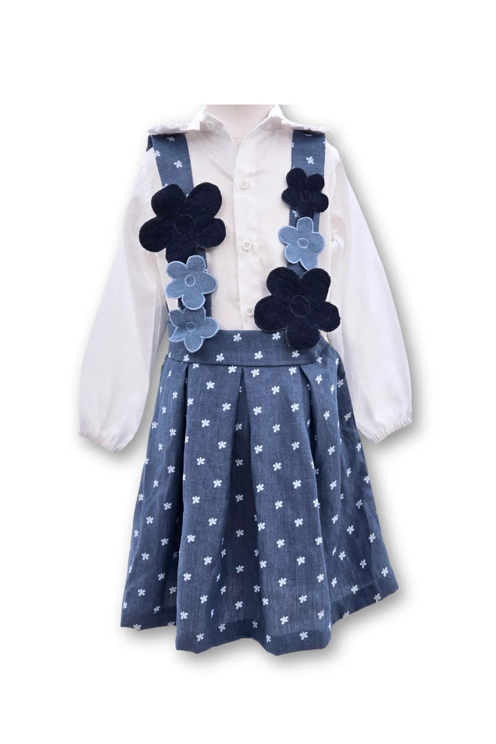 Denim Floral Jumper Skirt with a White Shirt