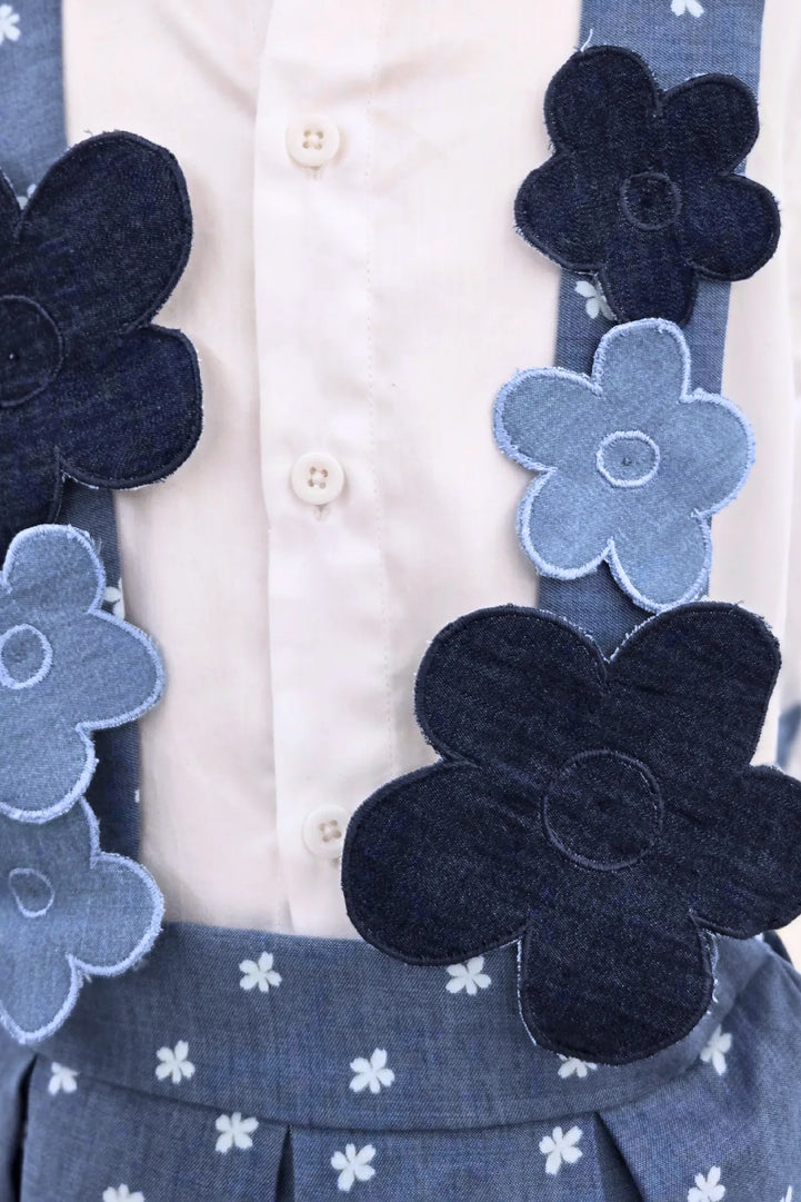 Denim Floral Jumper Skirt with a White Shirt