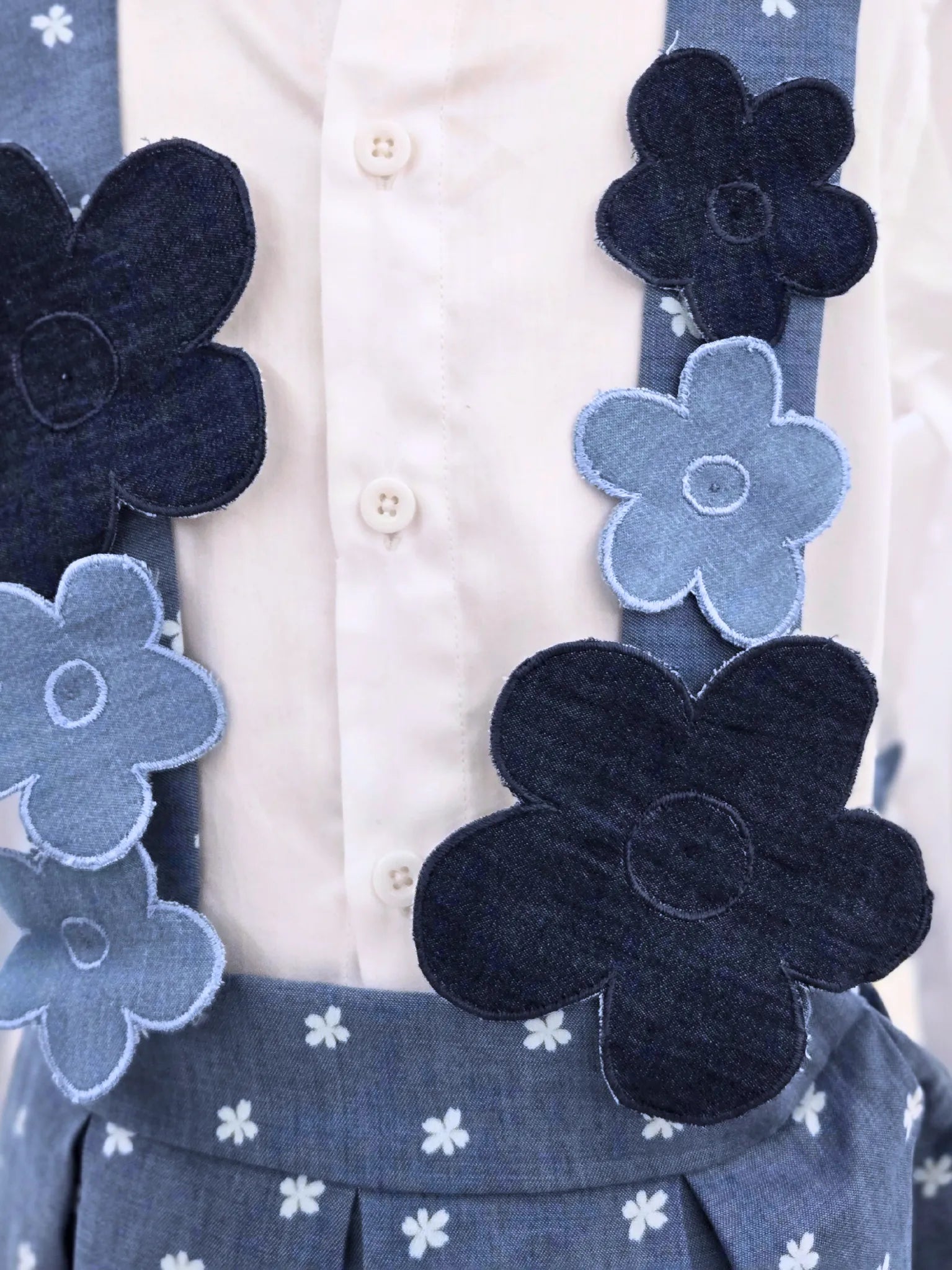 Denim Floral Jumper Skirt with a White Shirt