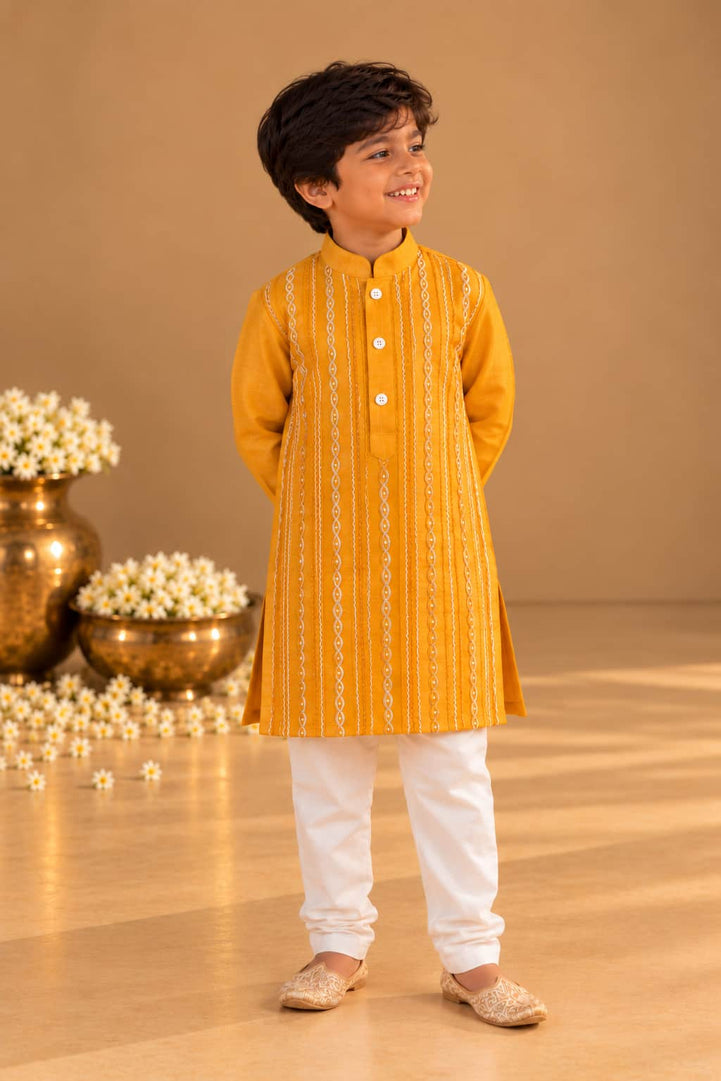 Marigold — Embroidered Kurta & Pajama Set in Yellow