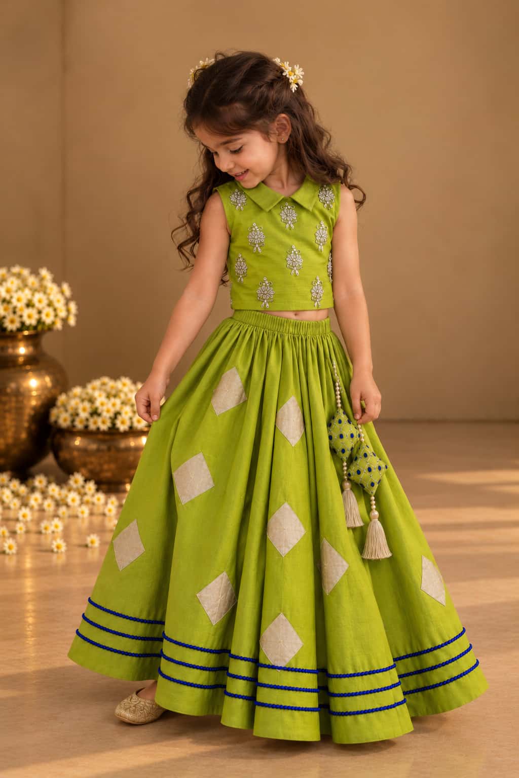 Kairi — Pearl Embroidered Collar Top & Diamond Appliqué Lehenga Set in Green