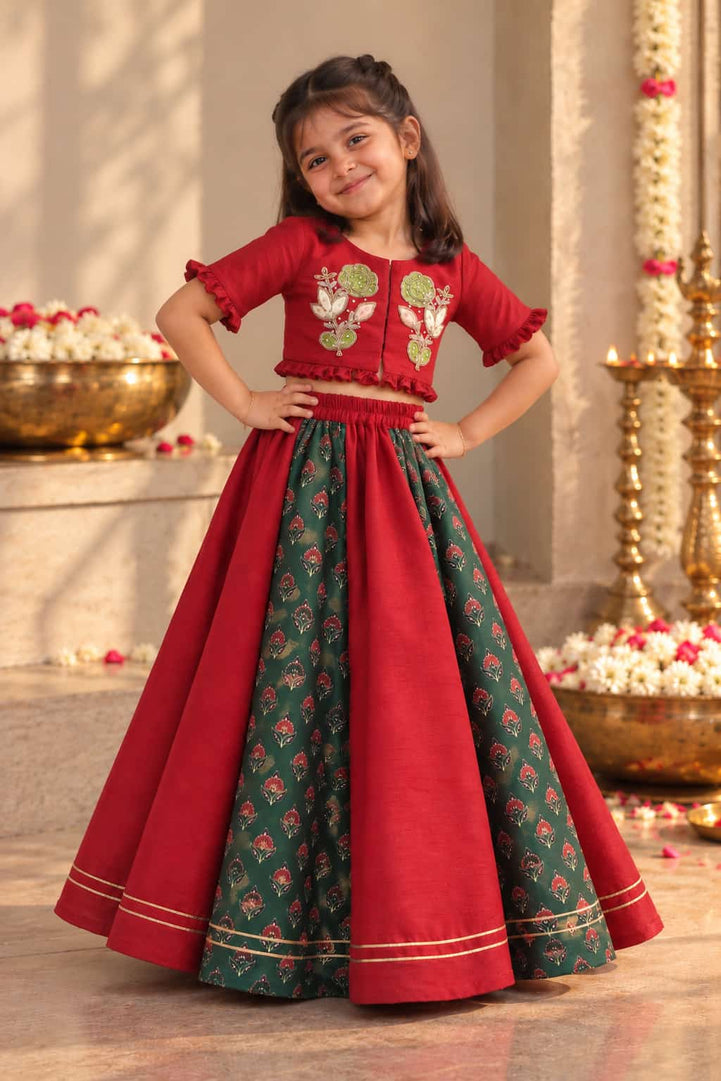 Gulmohar — Floral Appliqué Jacket Top & Panelled Lehenga Set in Red