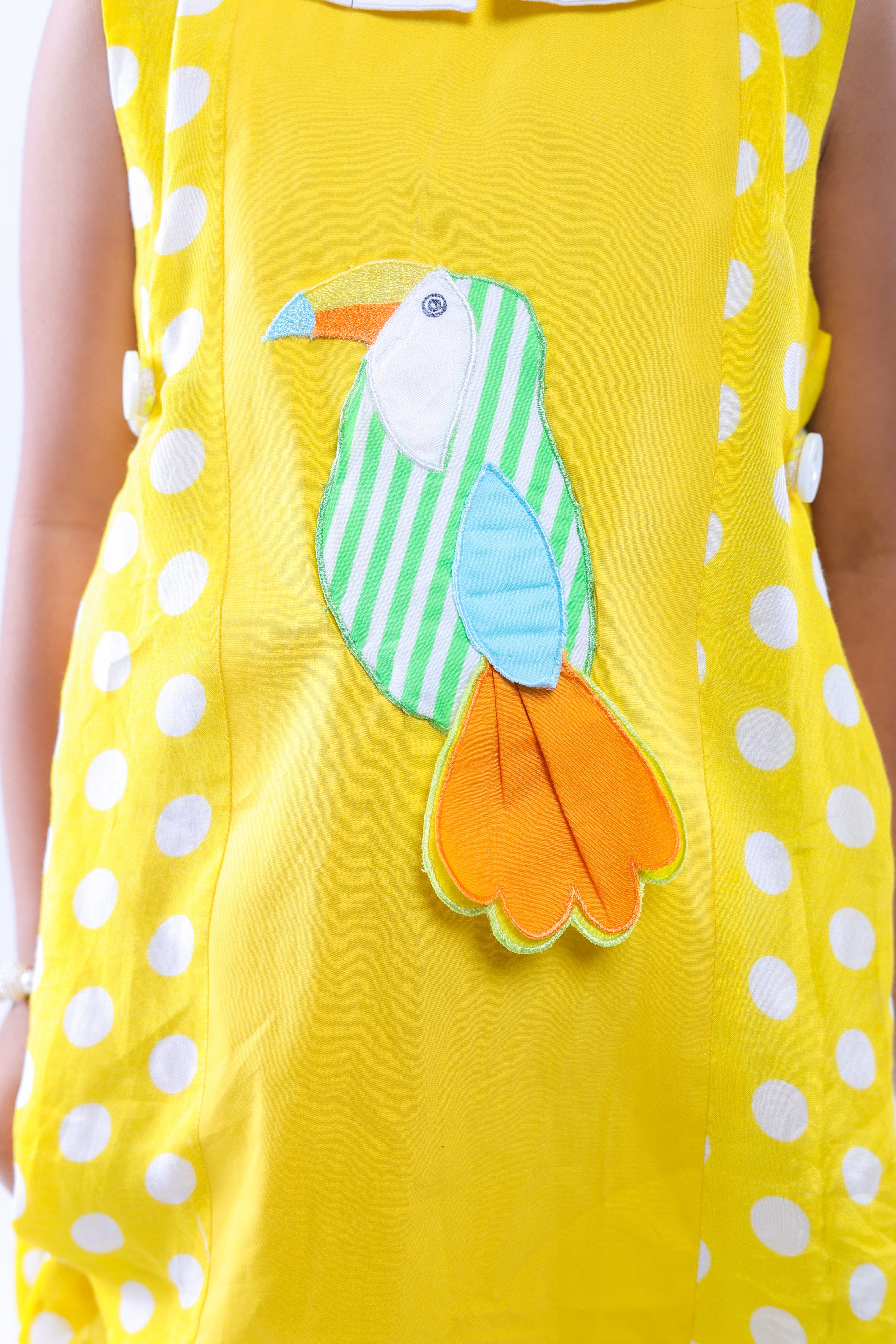 Yellow Dress with Embroidered Woodpecker