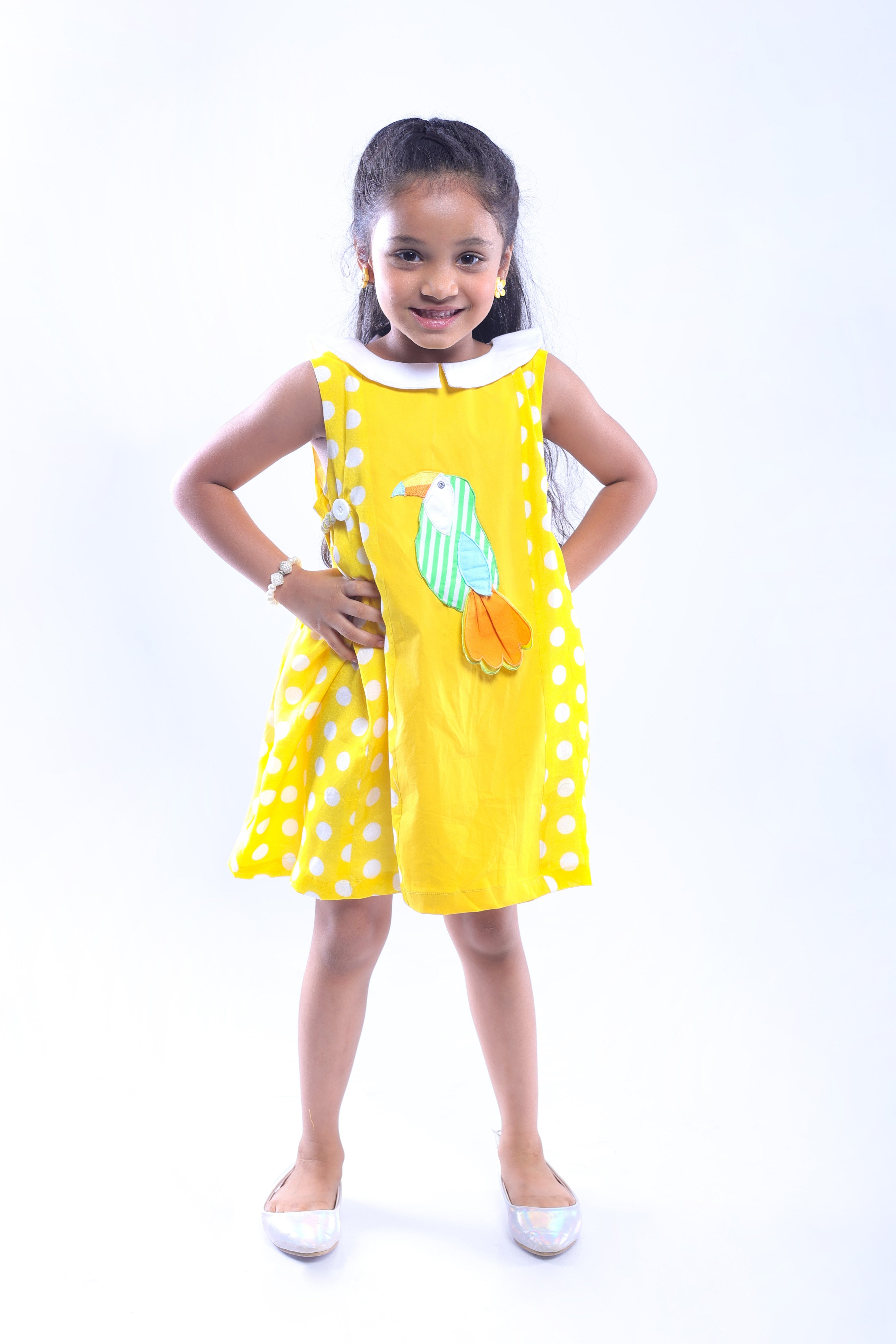 Yellow Dress with Embroidered Woodpecker