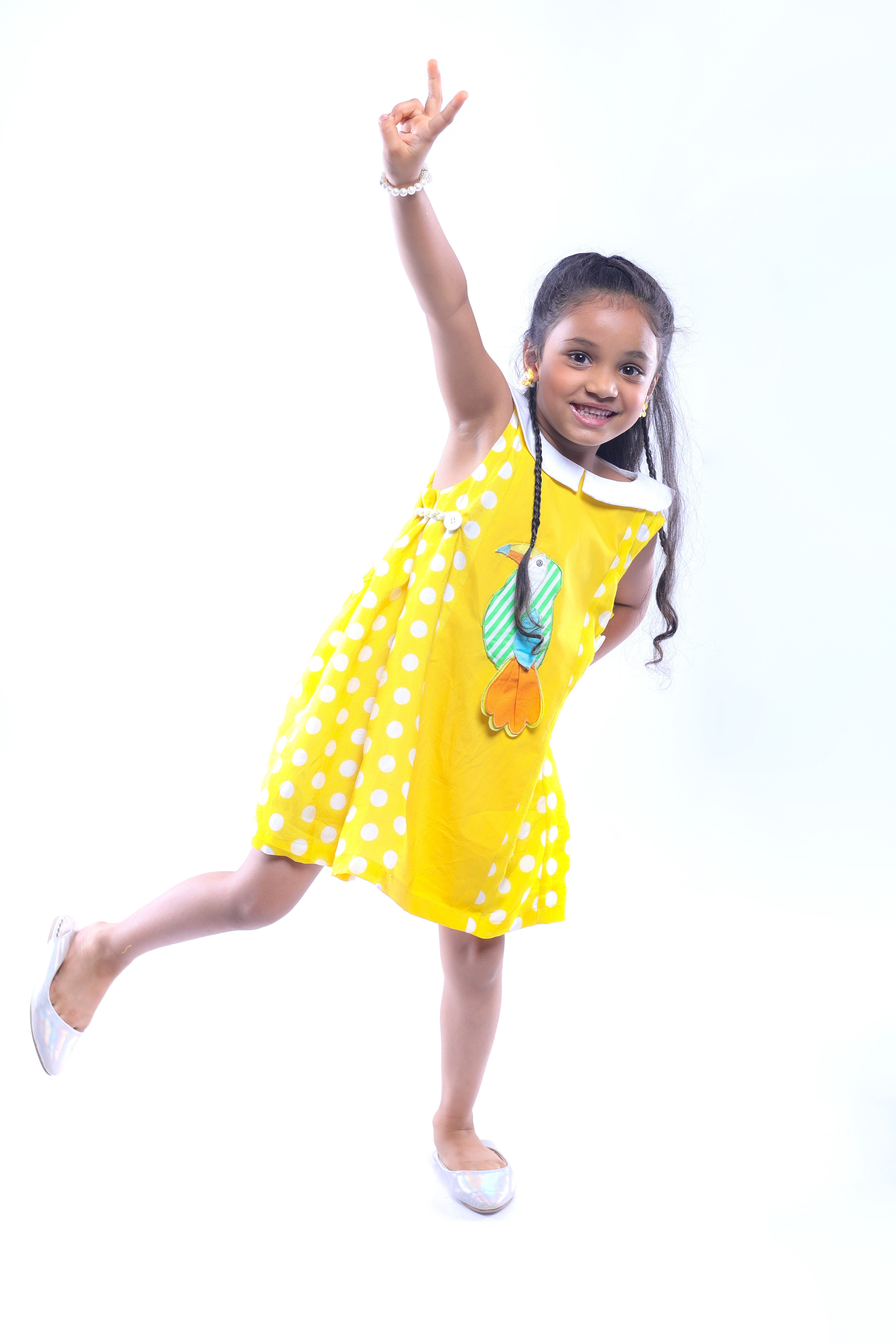 Yellow Dress with Embroidered Woodpecker