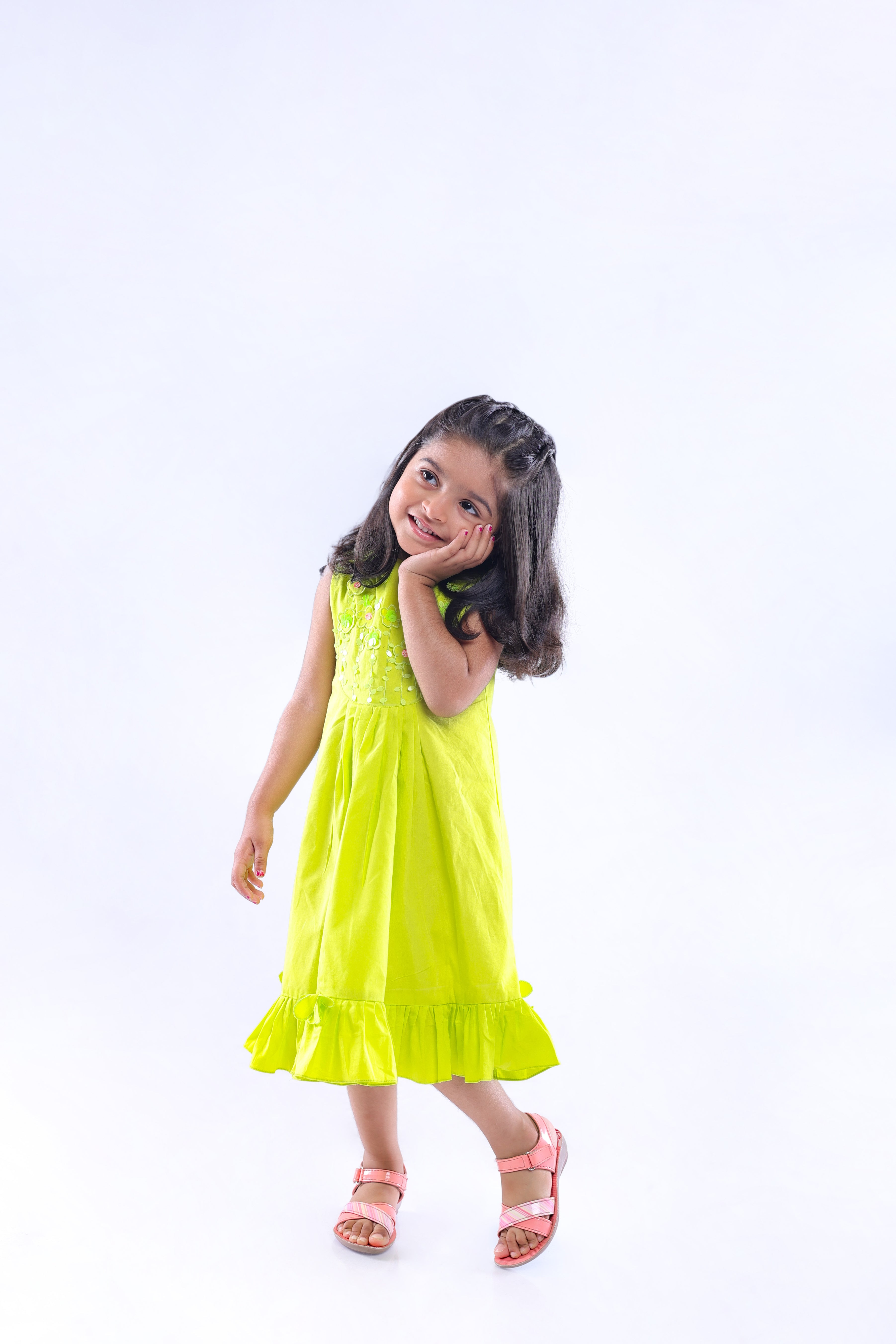 Lime Dress with Cutwork Flower Embroidery