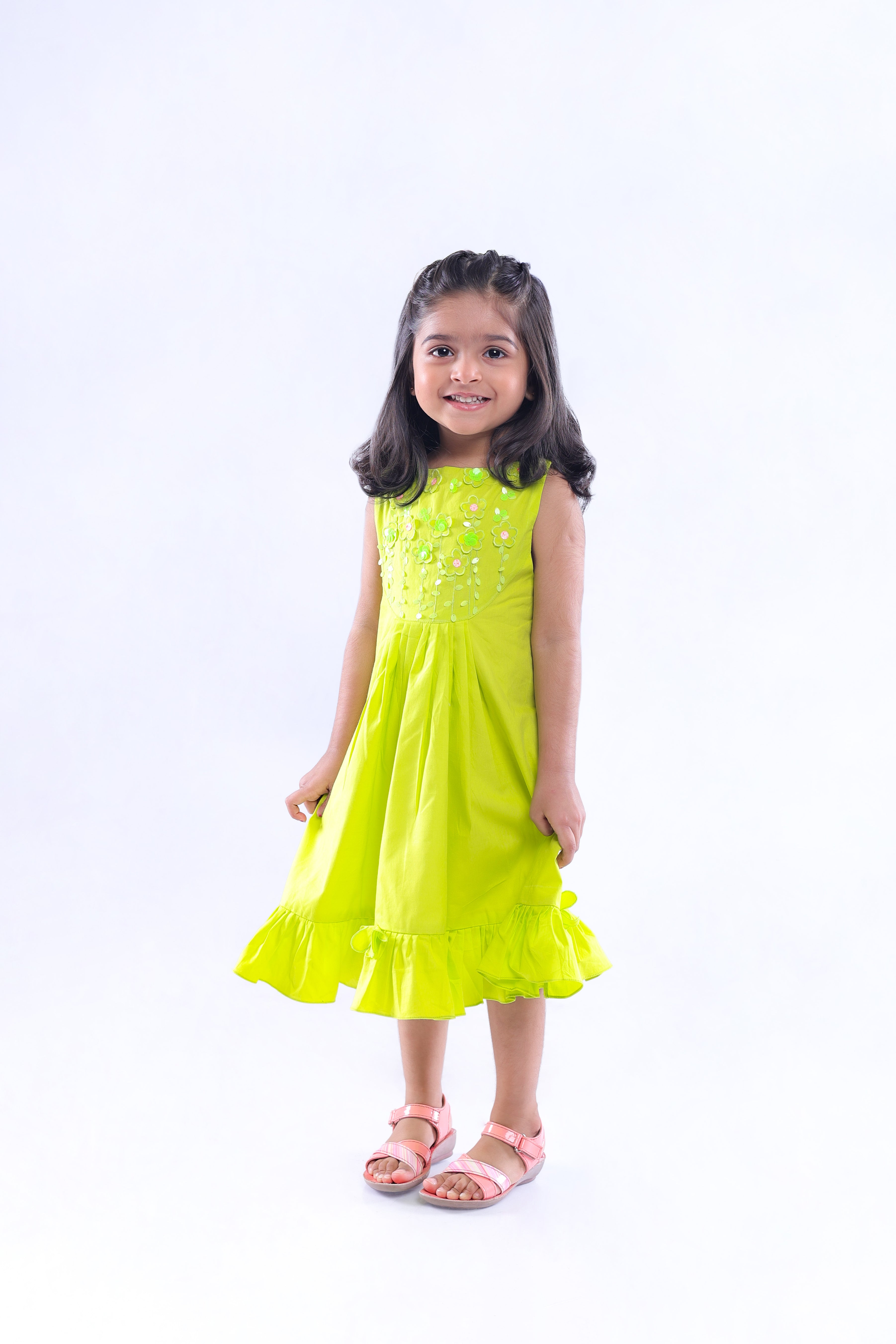 Lime Dress with Cutwork Flower Embroidery