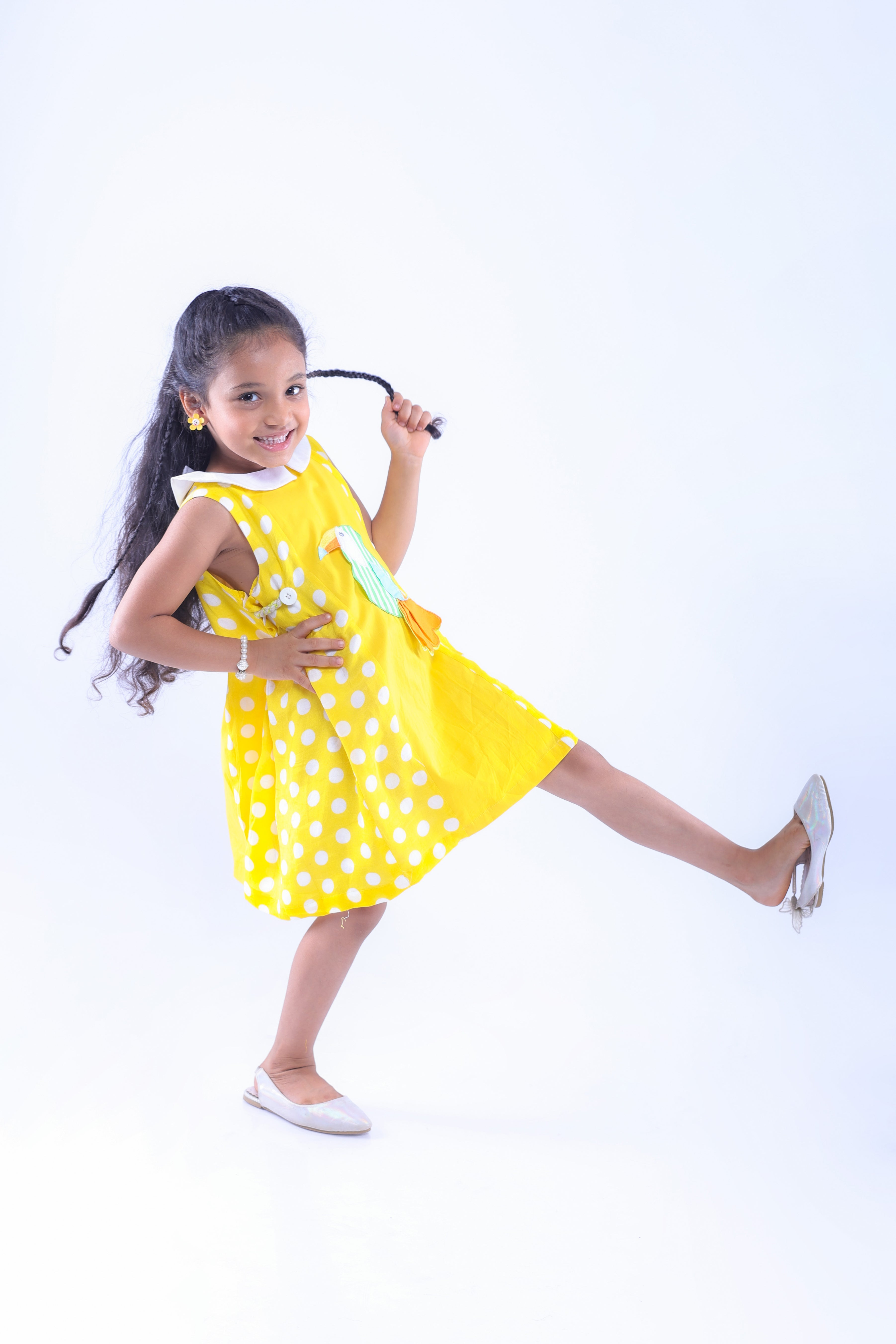 Yellow Dress with Embroidered Woodpecker