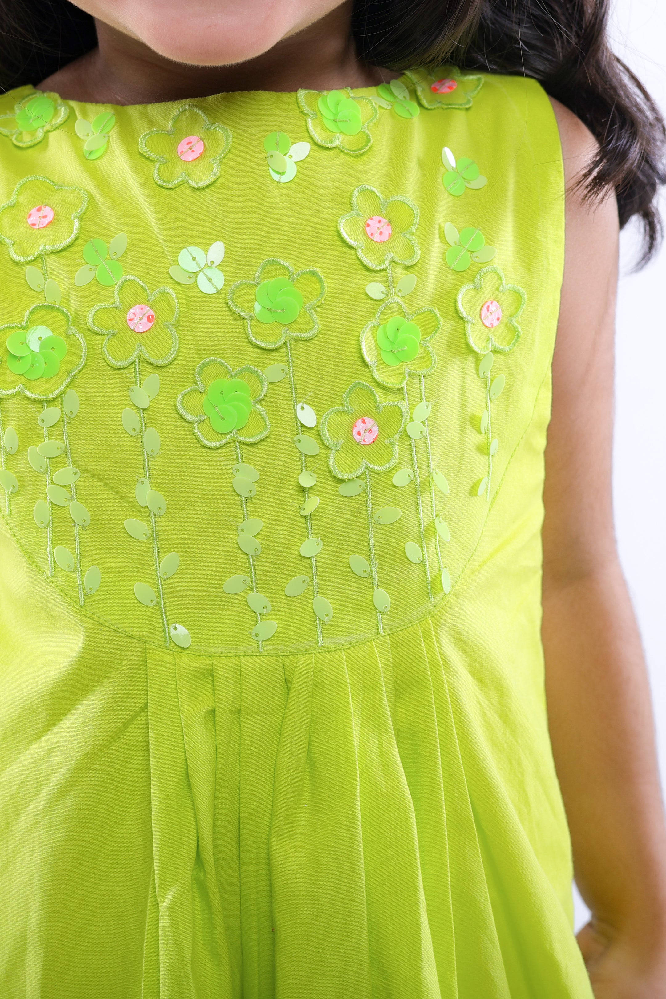 Lime Dress with Cutwork Flower Embroidery