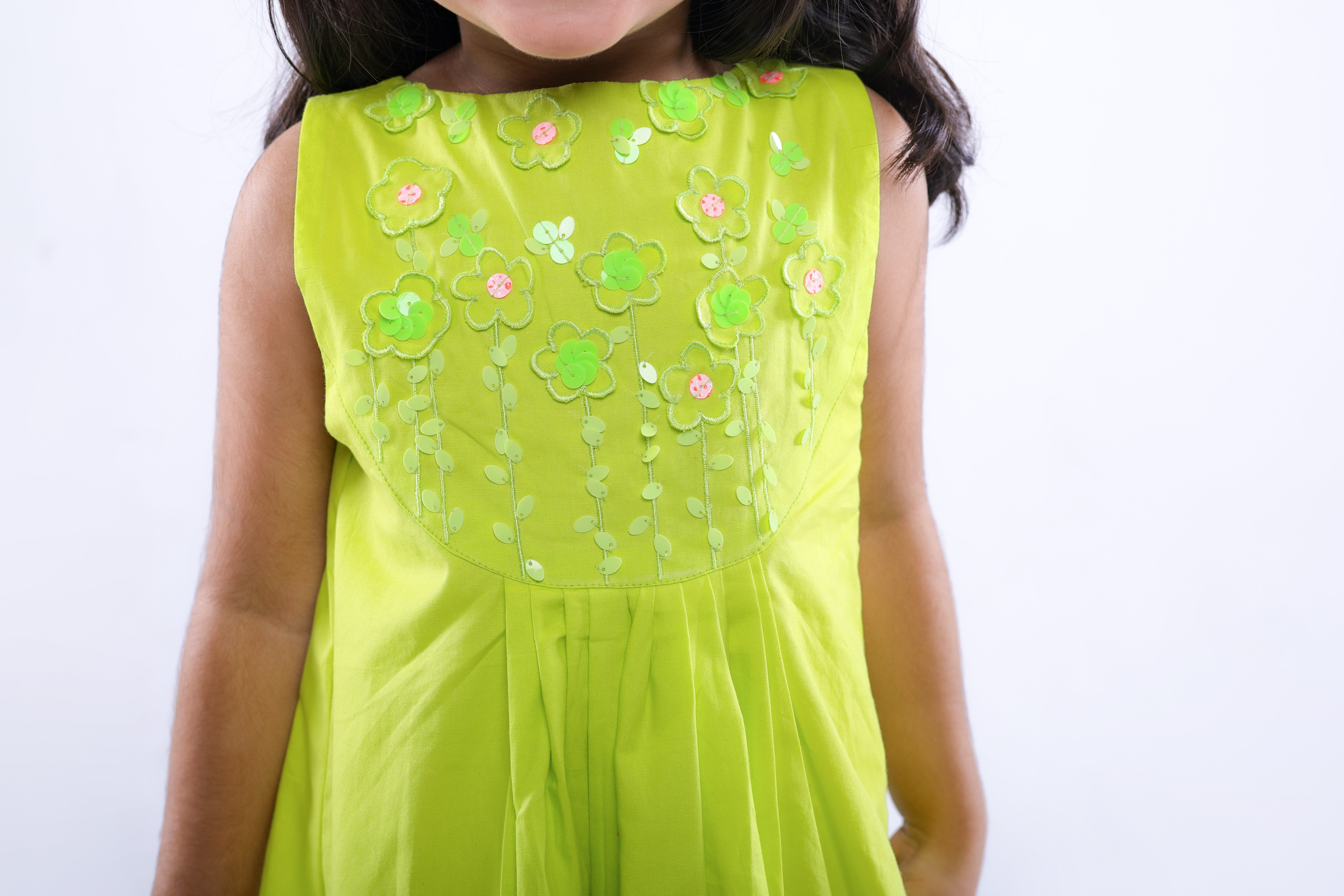 Lime Dress with Cutwork Flower Embroidery