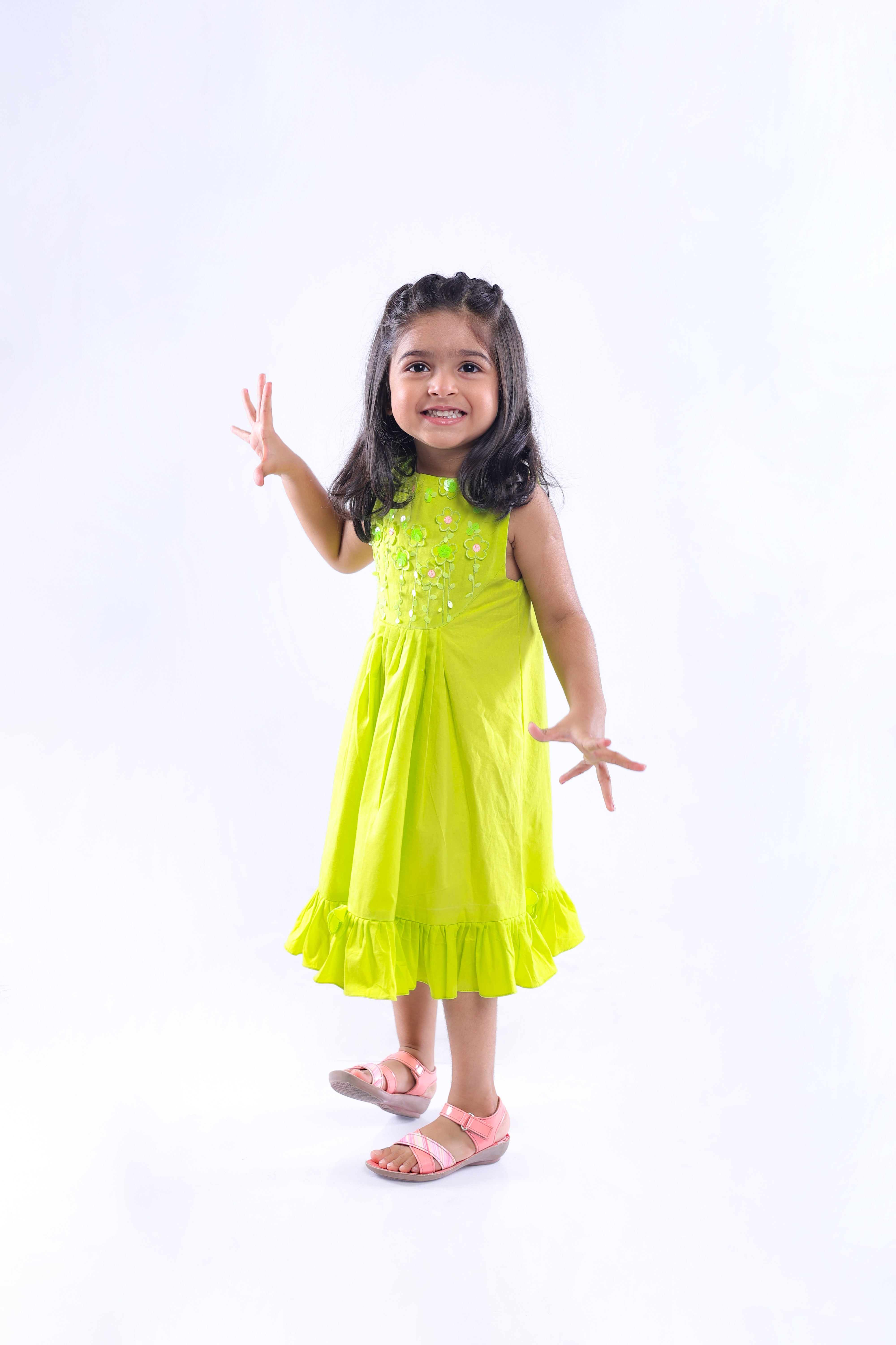 Lime Dress with Cutwork Flower Embroidery