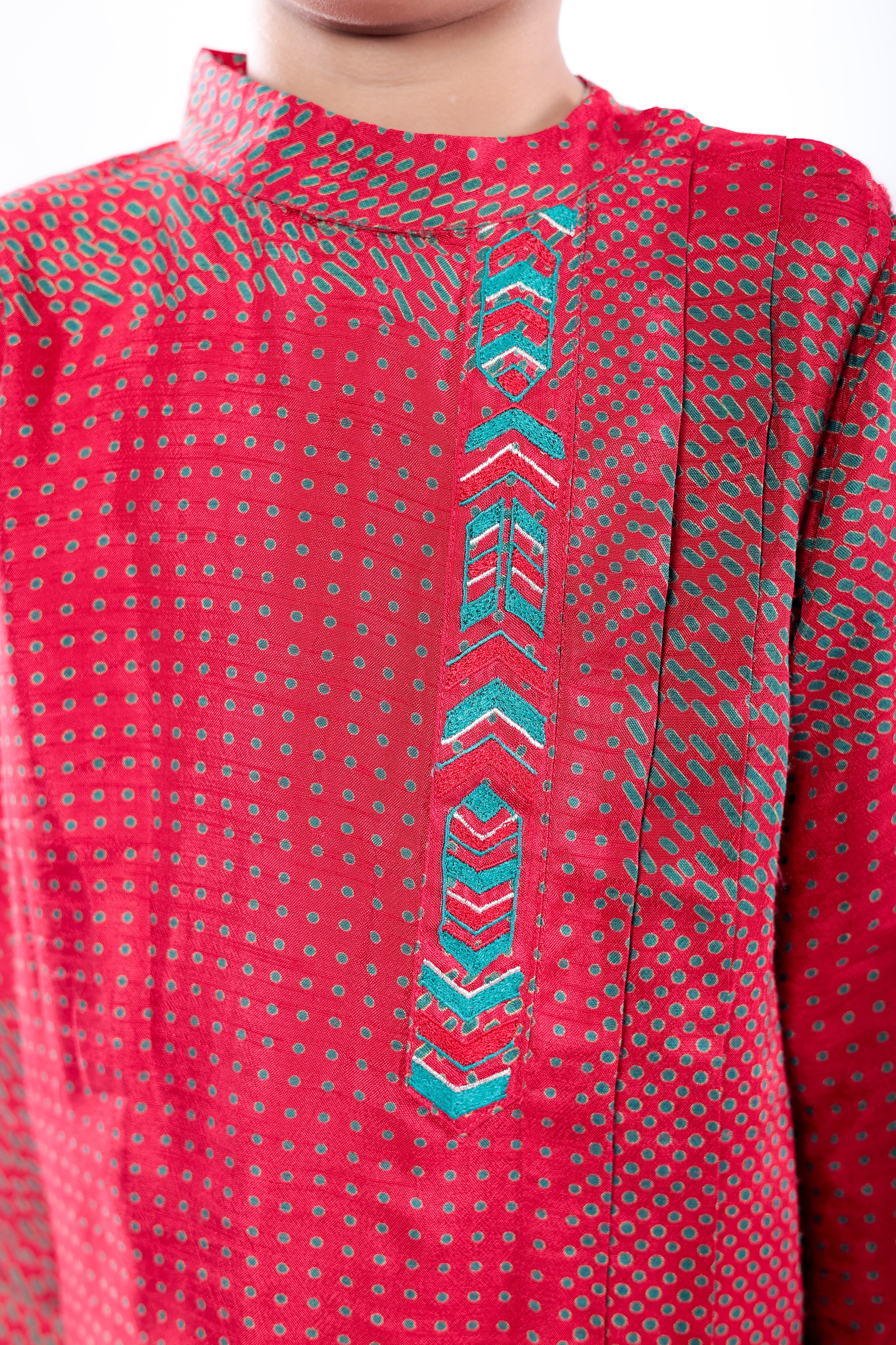 Red and Green Dotted Print Kurta with Off White Pyjama