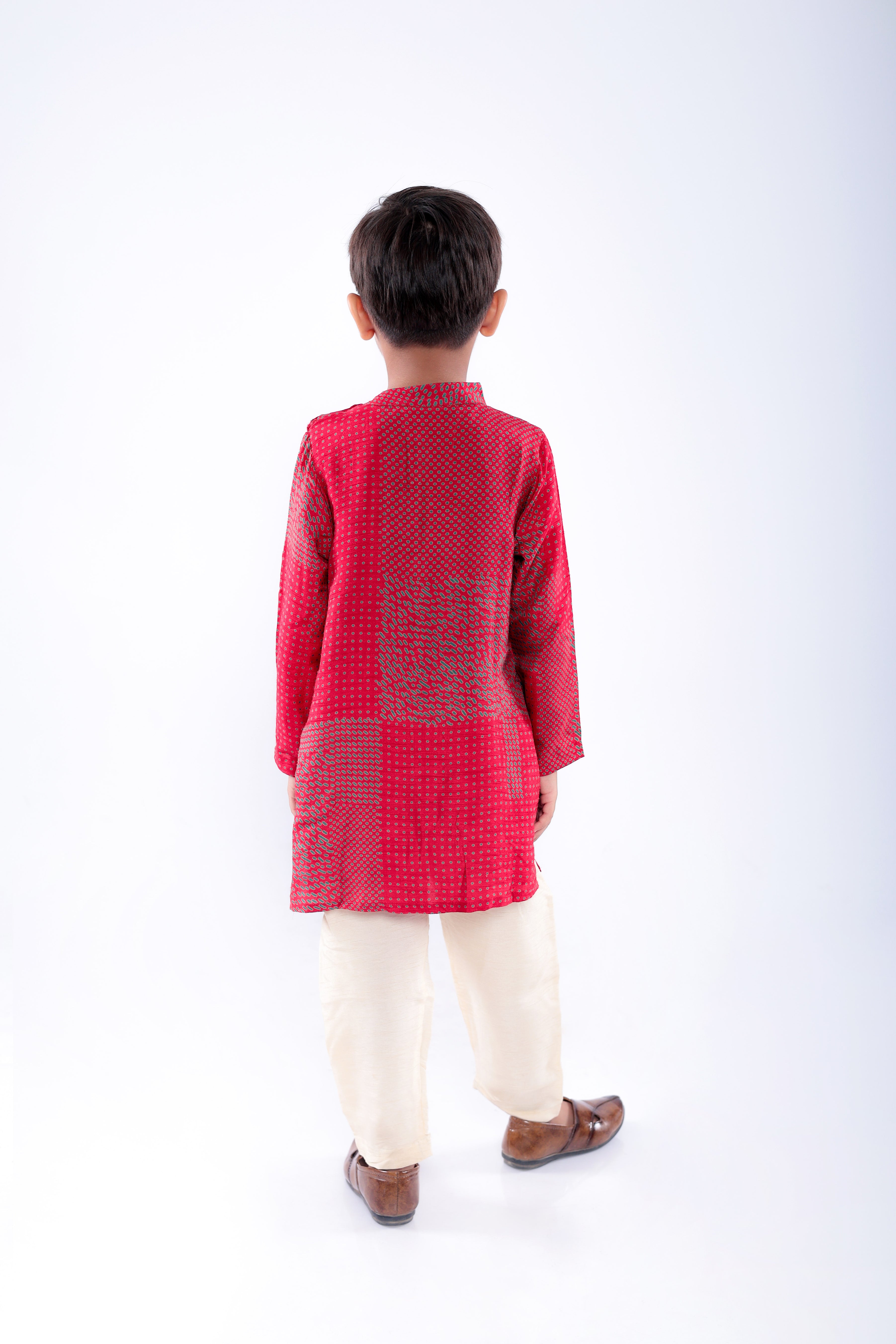 Red and Green Dotted Print Kurta with Off White Pyjama