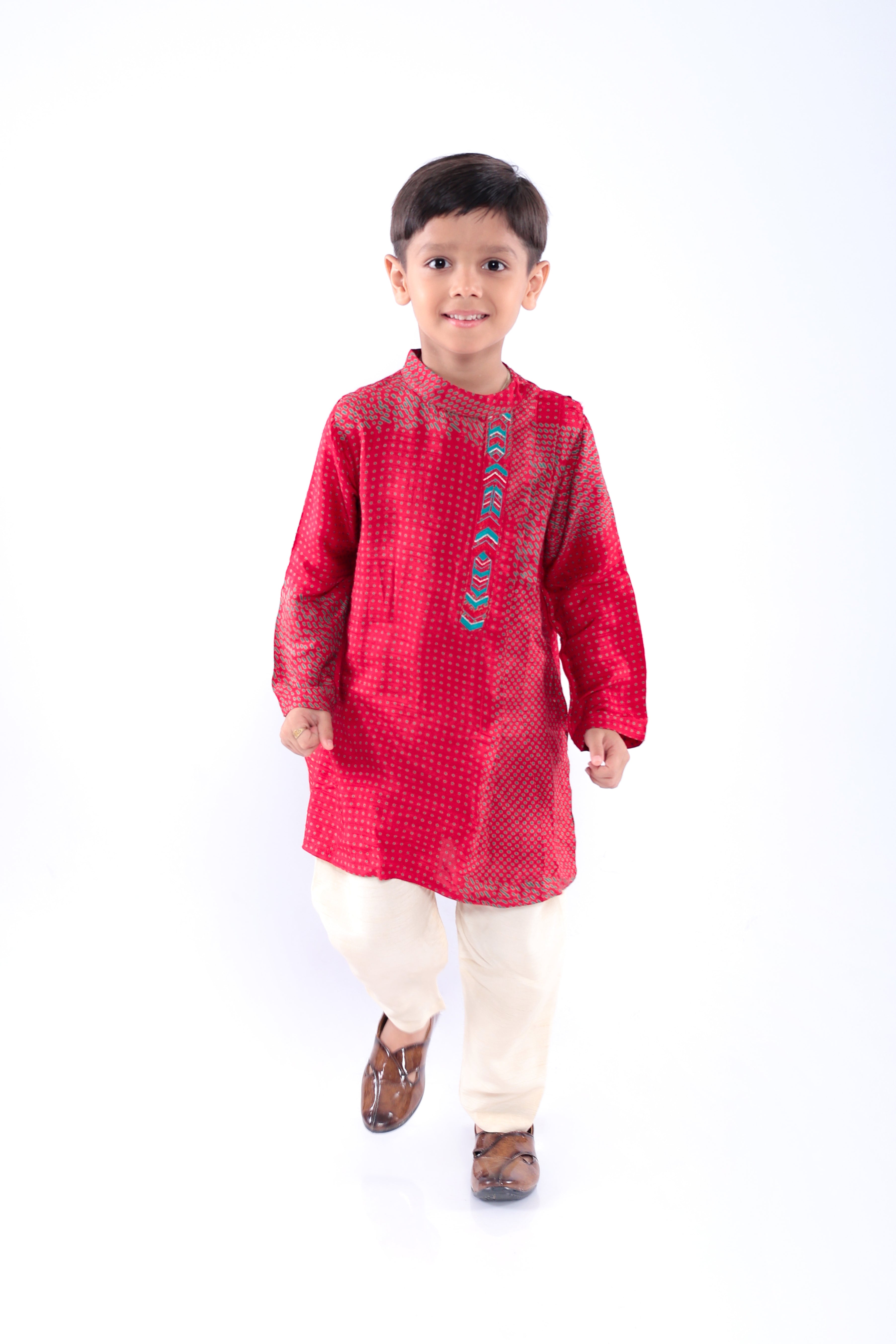 Red and Green Dotted Print Kurta with Off White Pyjama