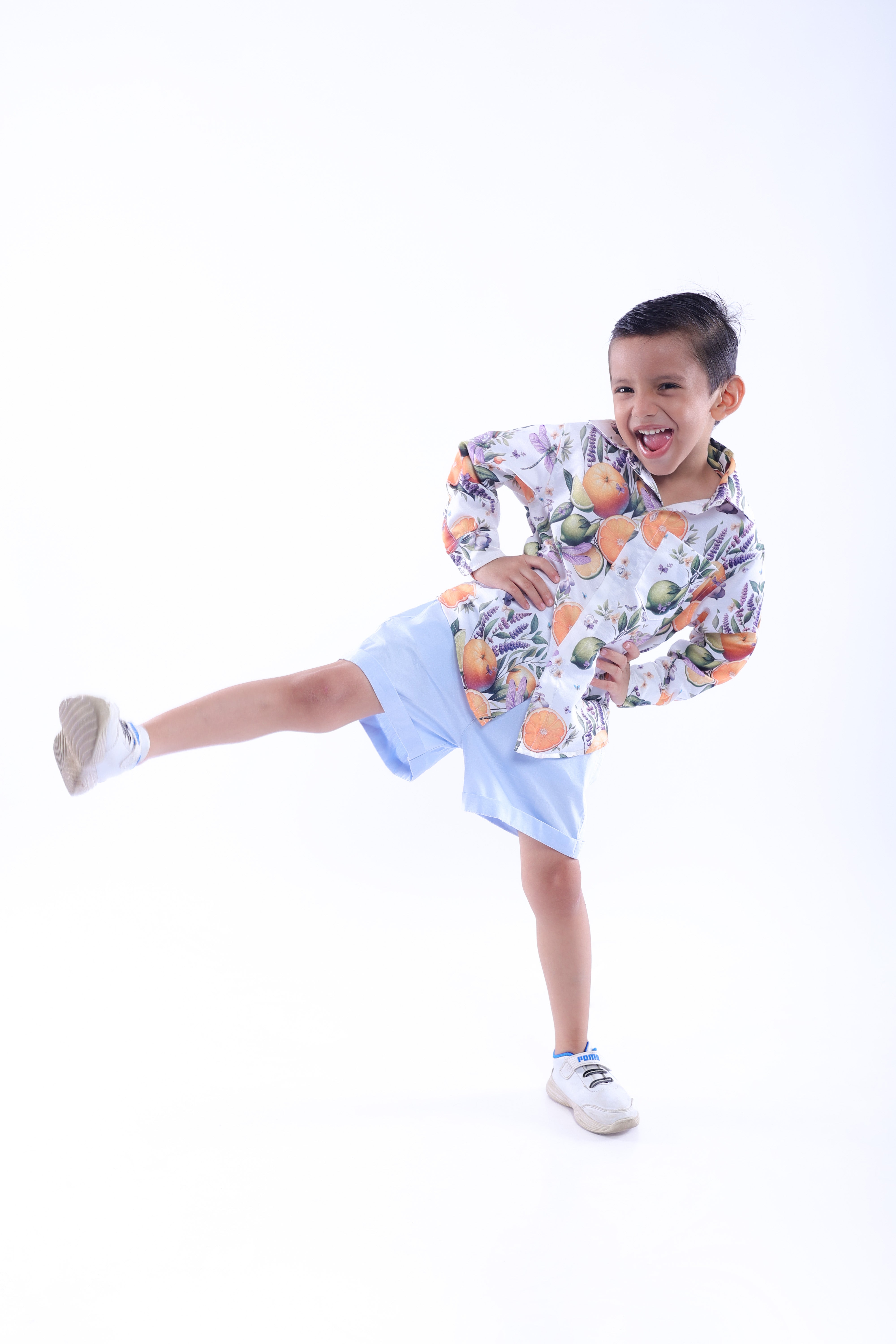 Orange and Dragonfly Printed Shirt and Blue Shorts