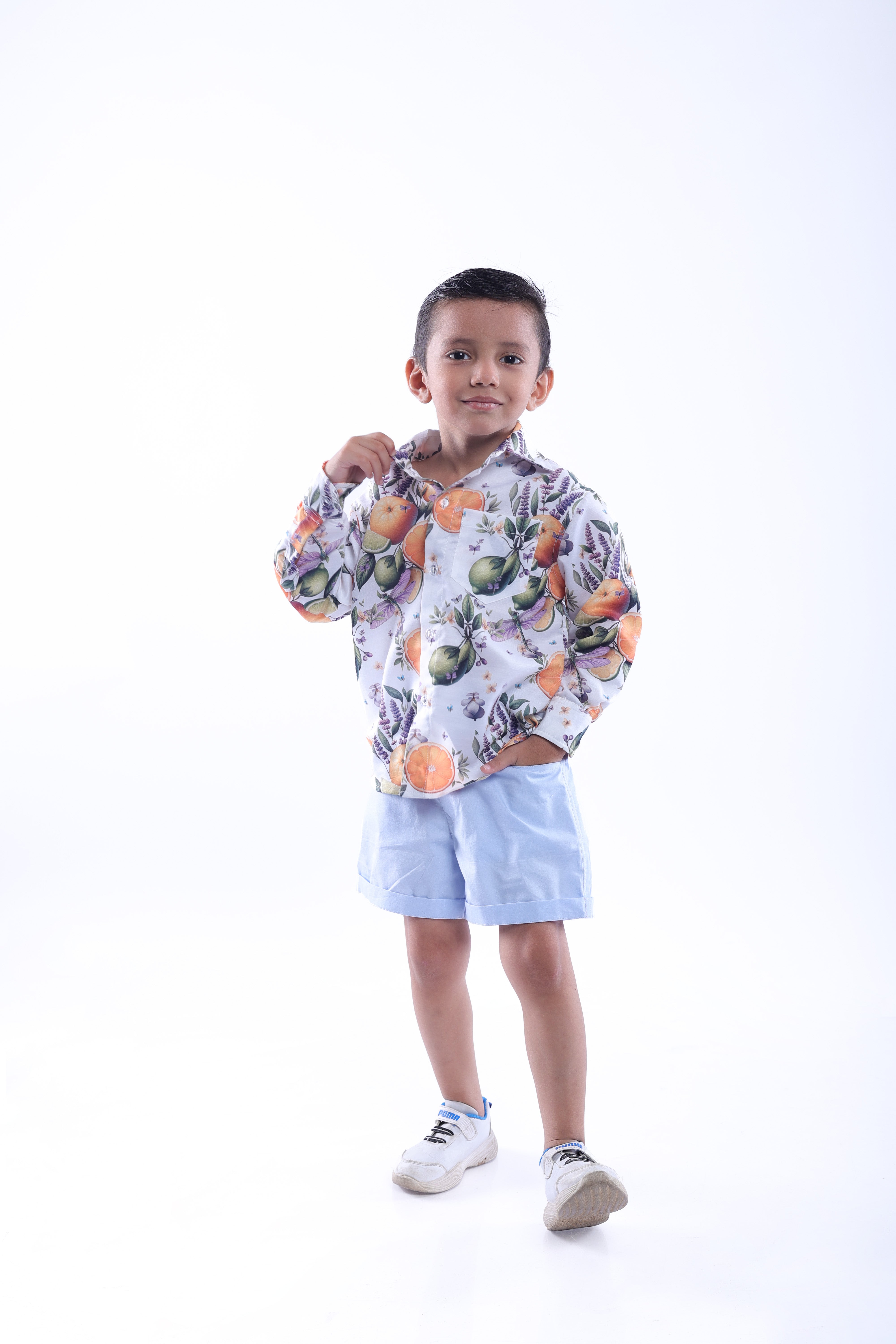 Orange and Dragonfly Printed Shirt and Blue Shorts