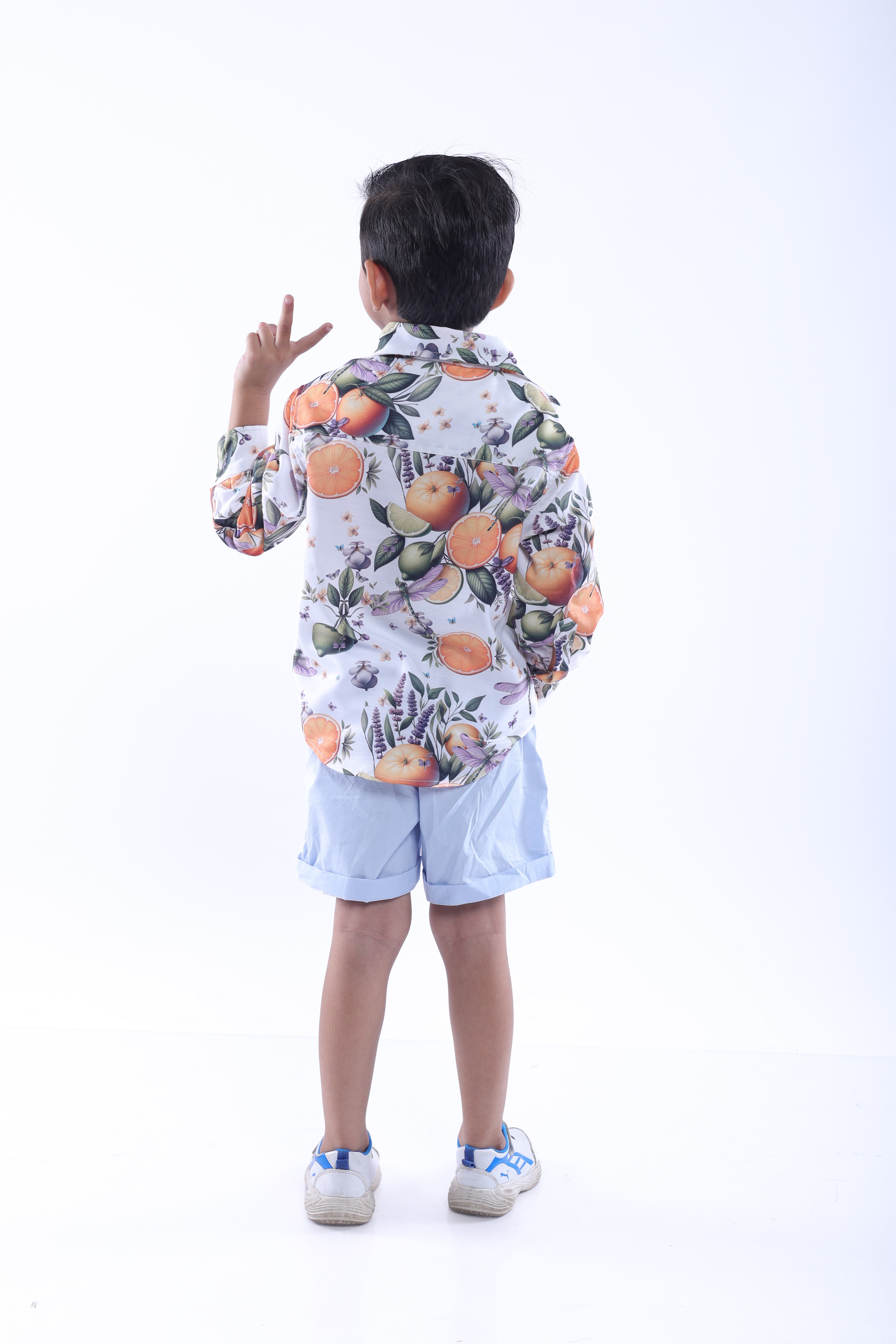 Orange and Dragonfly Printed Shirt and Blue Shorts