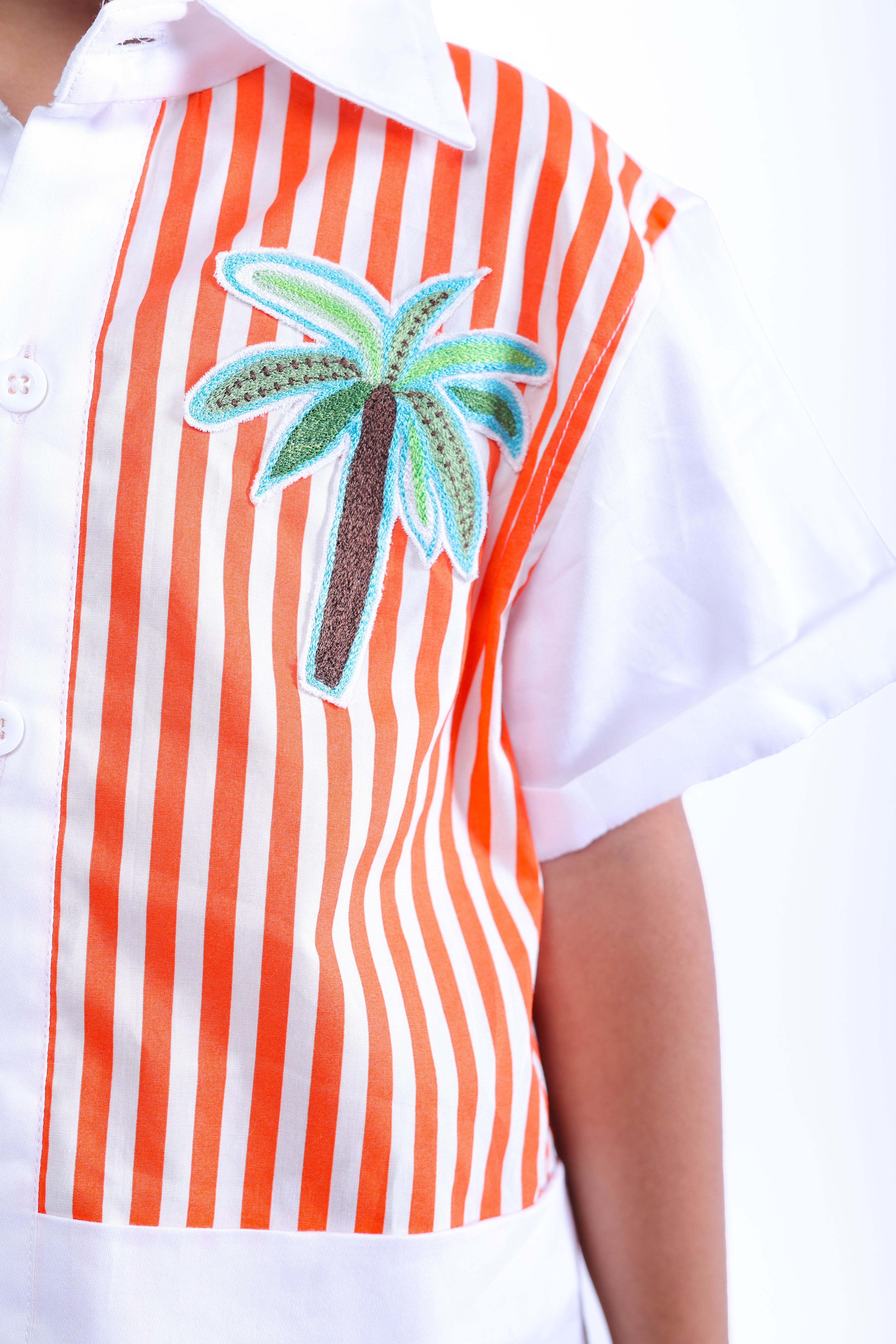White and Orange Stripe Shirt with Embroidered Tree