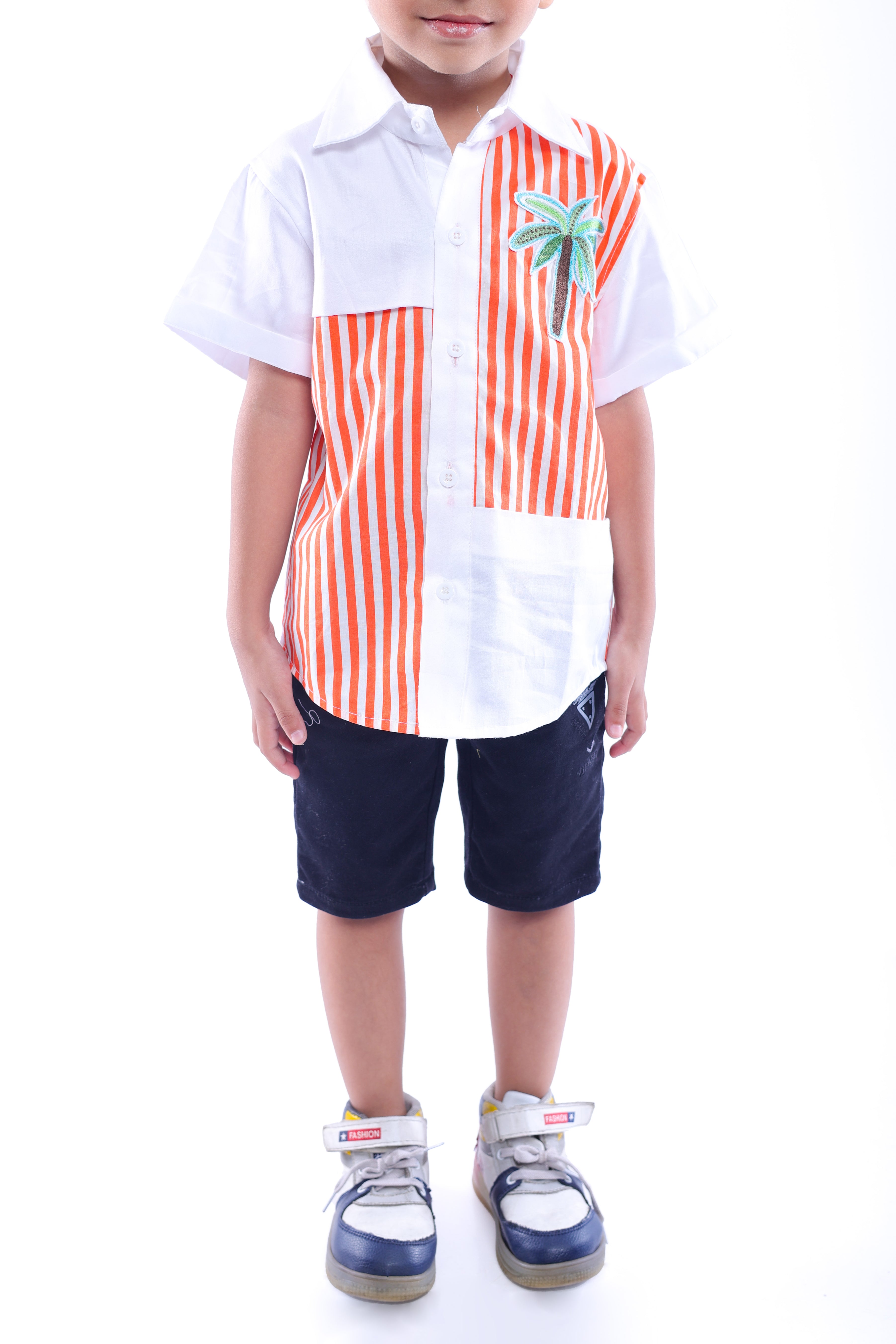 White and Orange Stripe Shirt with Embroidered Tree