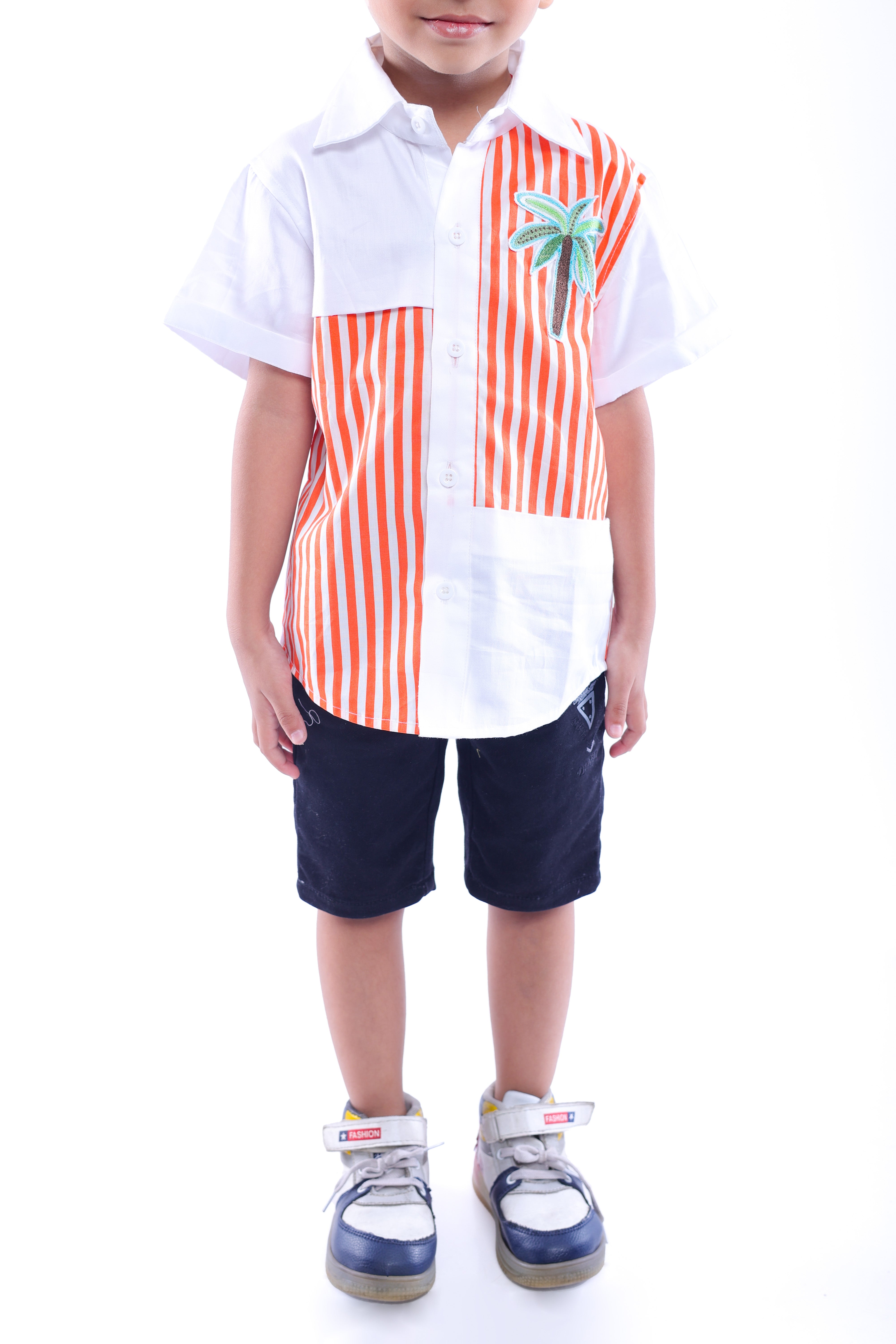 White and Orange Stripe Shirt with Embroidered Tree