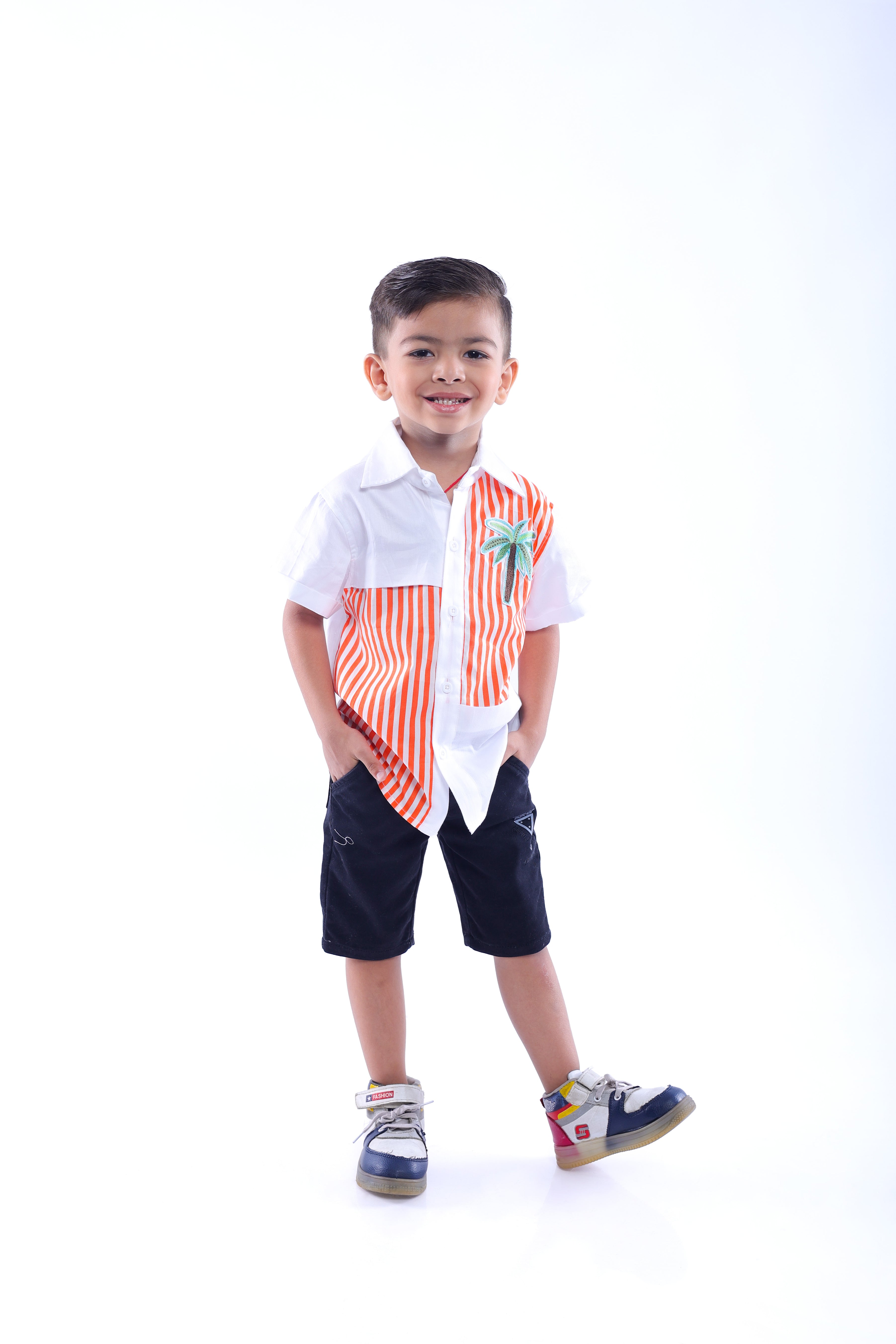 White and Orange Stripe Shirt with Embroidered Tree