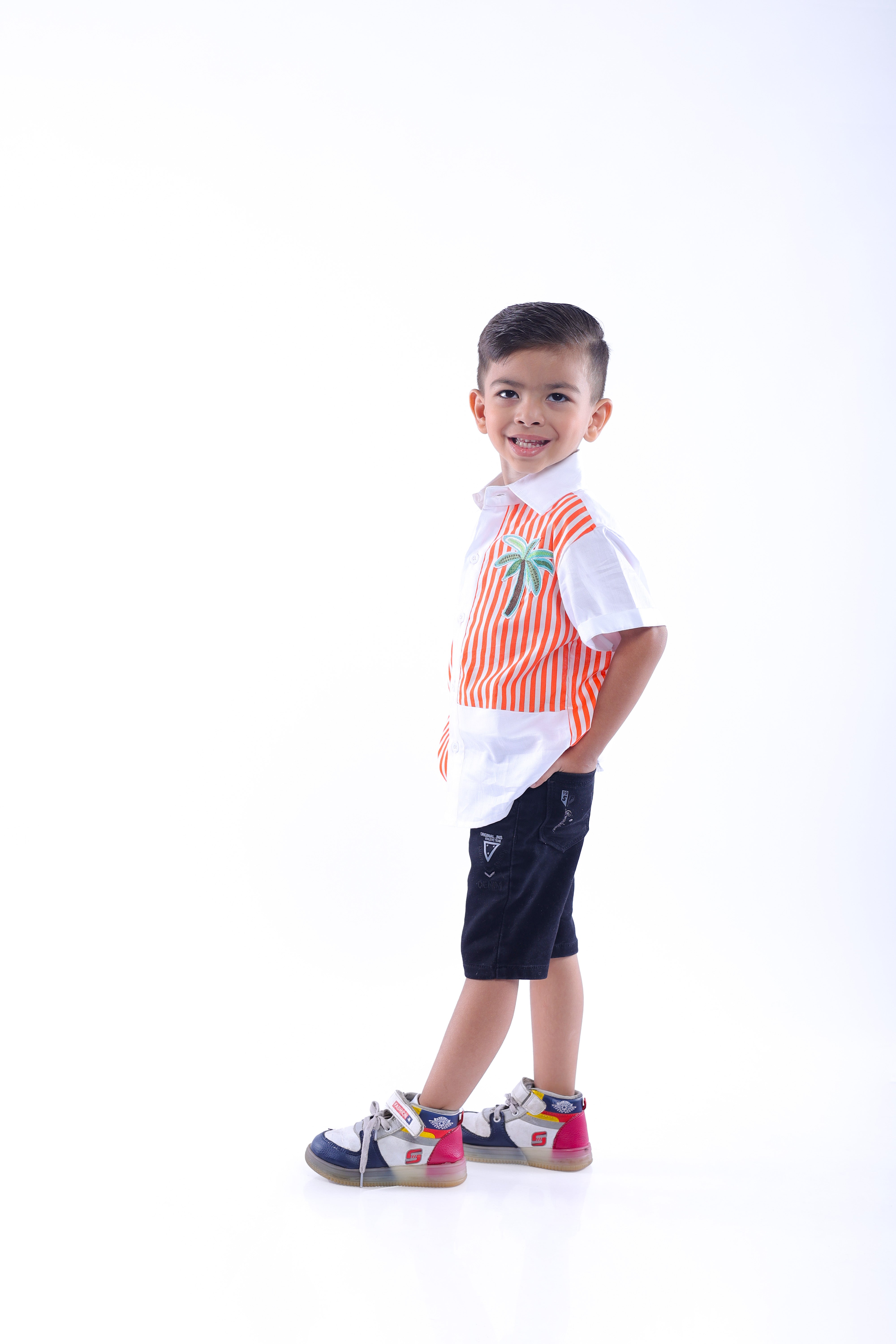 White and Orange Stripe Shirt with Embroidered Tree