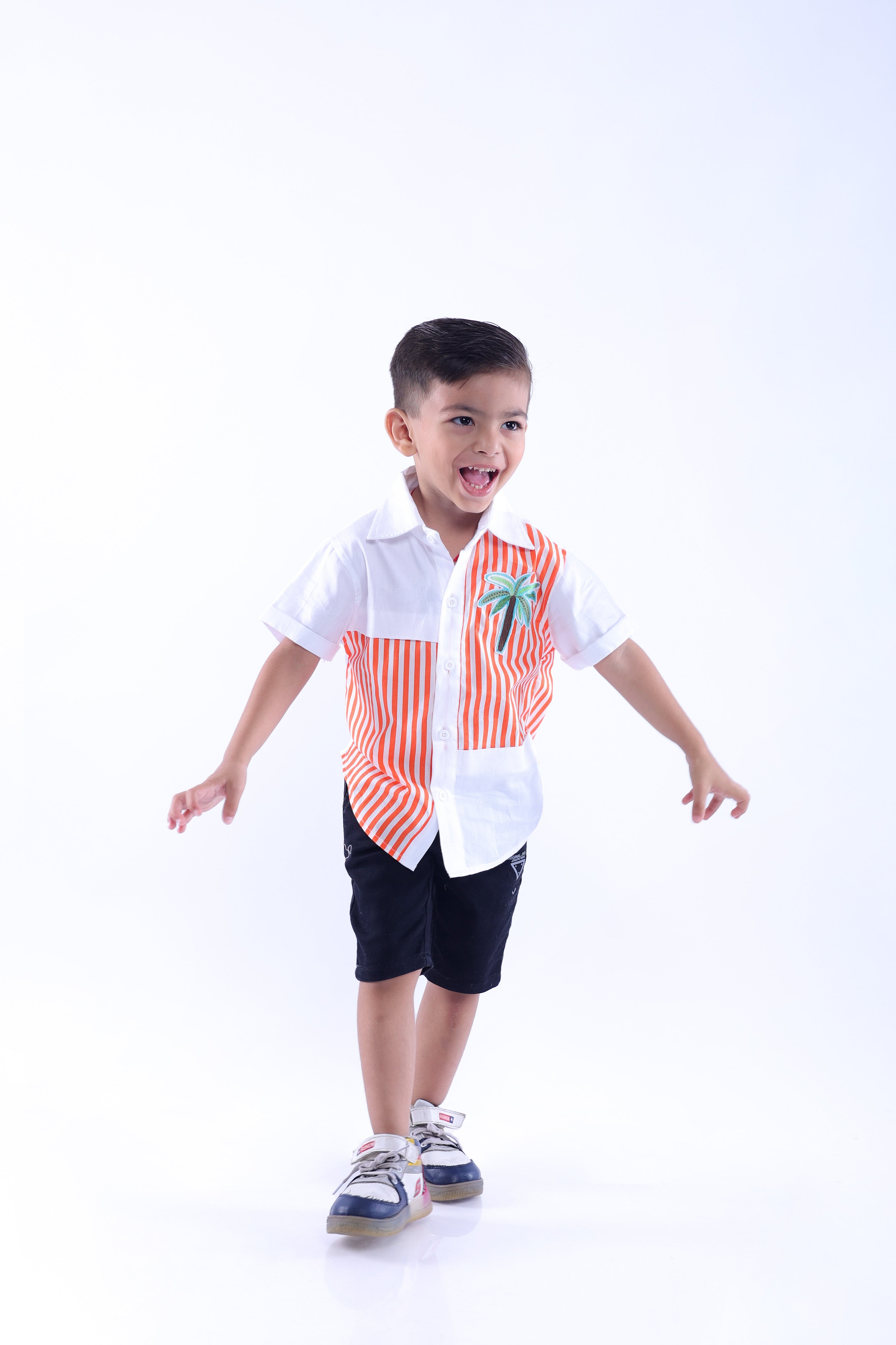 White and Orange Stripe Shirt with Embroidered Tree