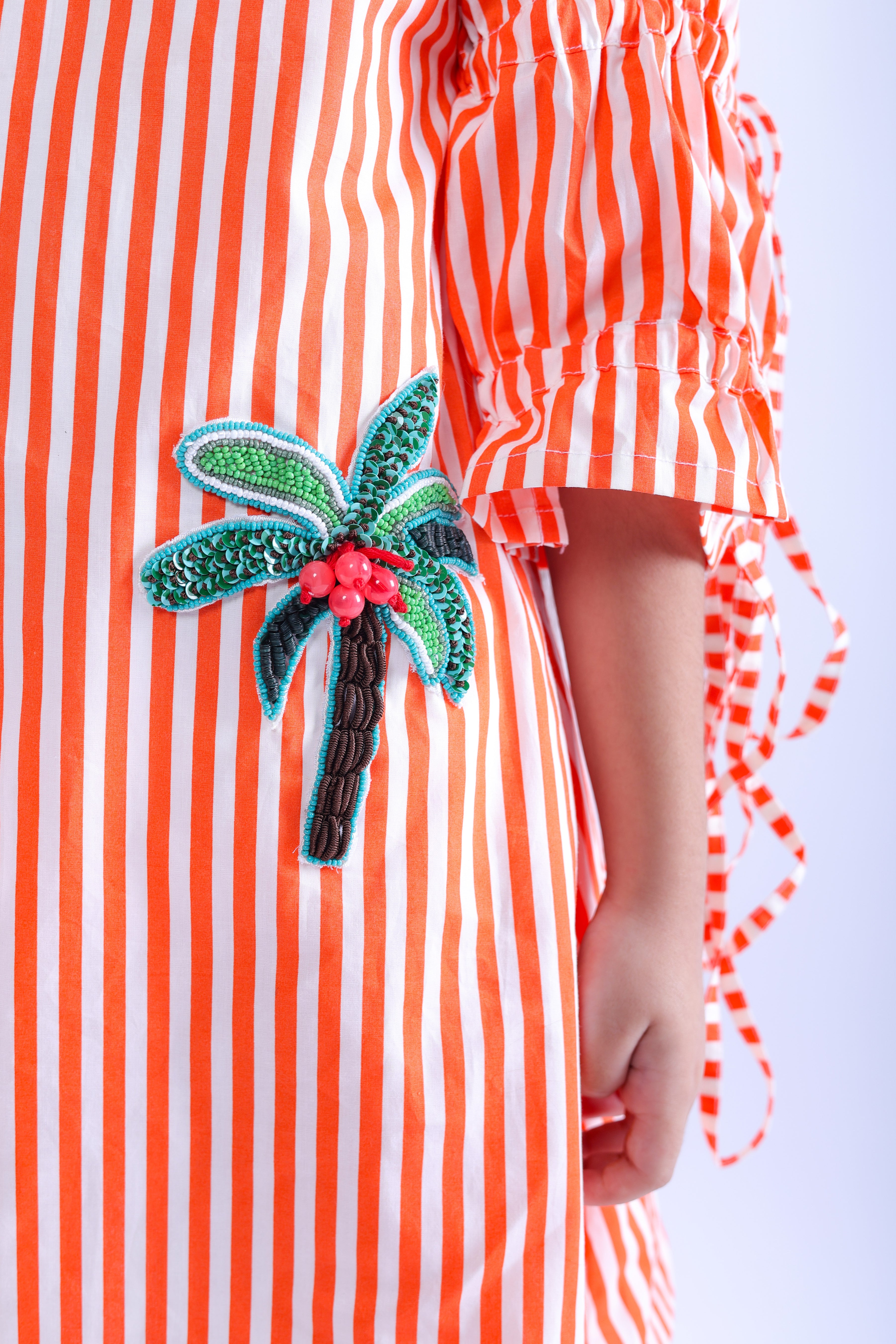 White and Orange Stripe Dress with Embroidered Tree