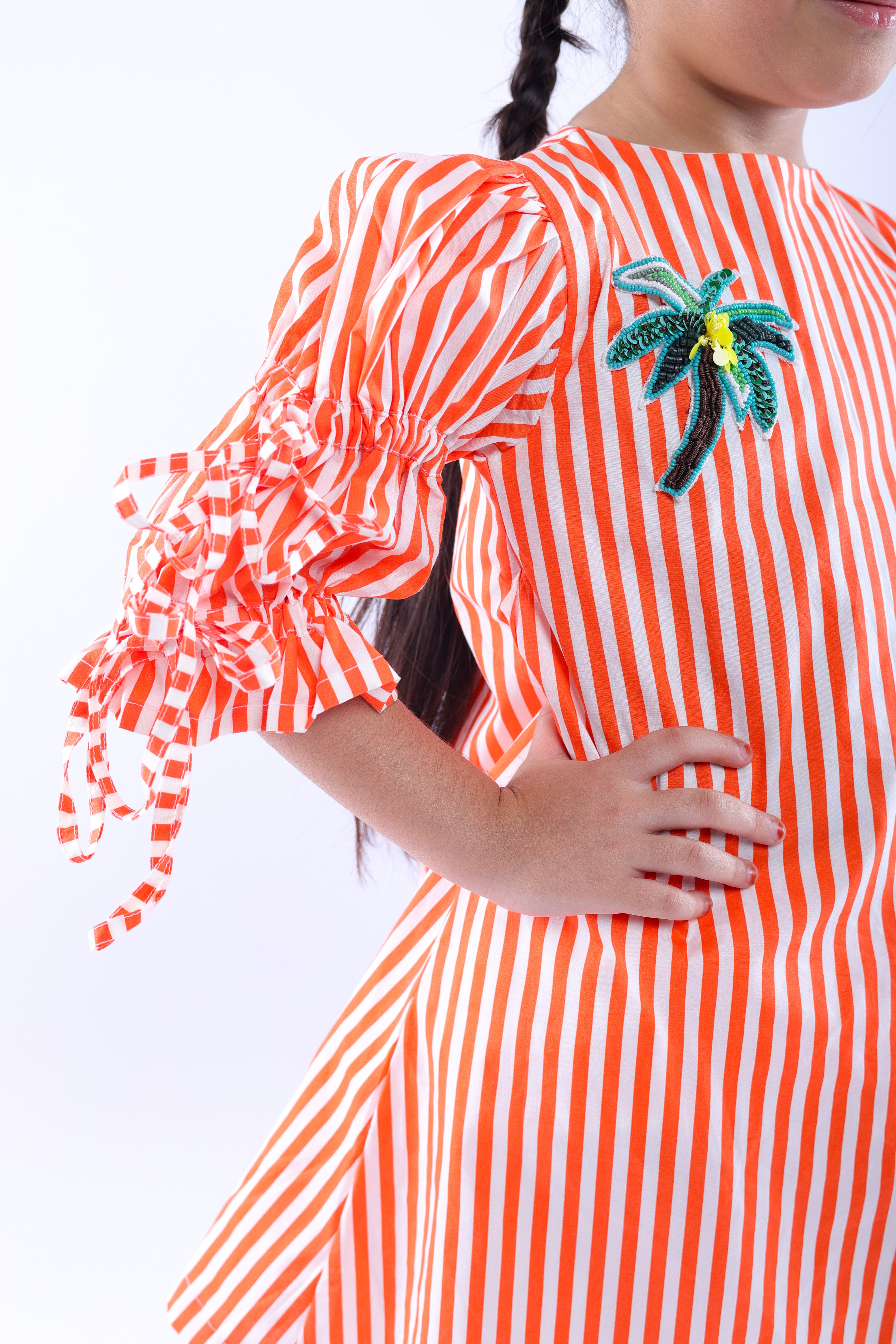 White and Orange Stripe Dress with Embroidered Tree
