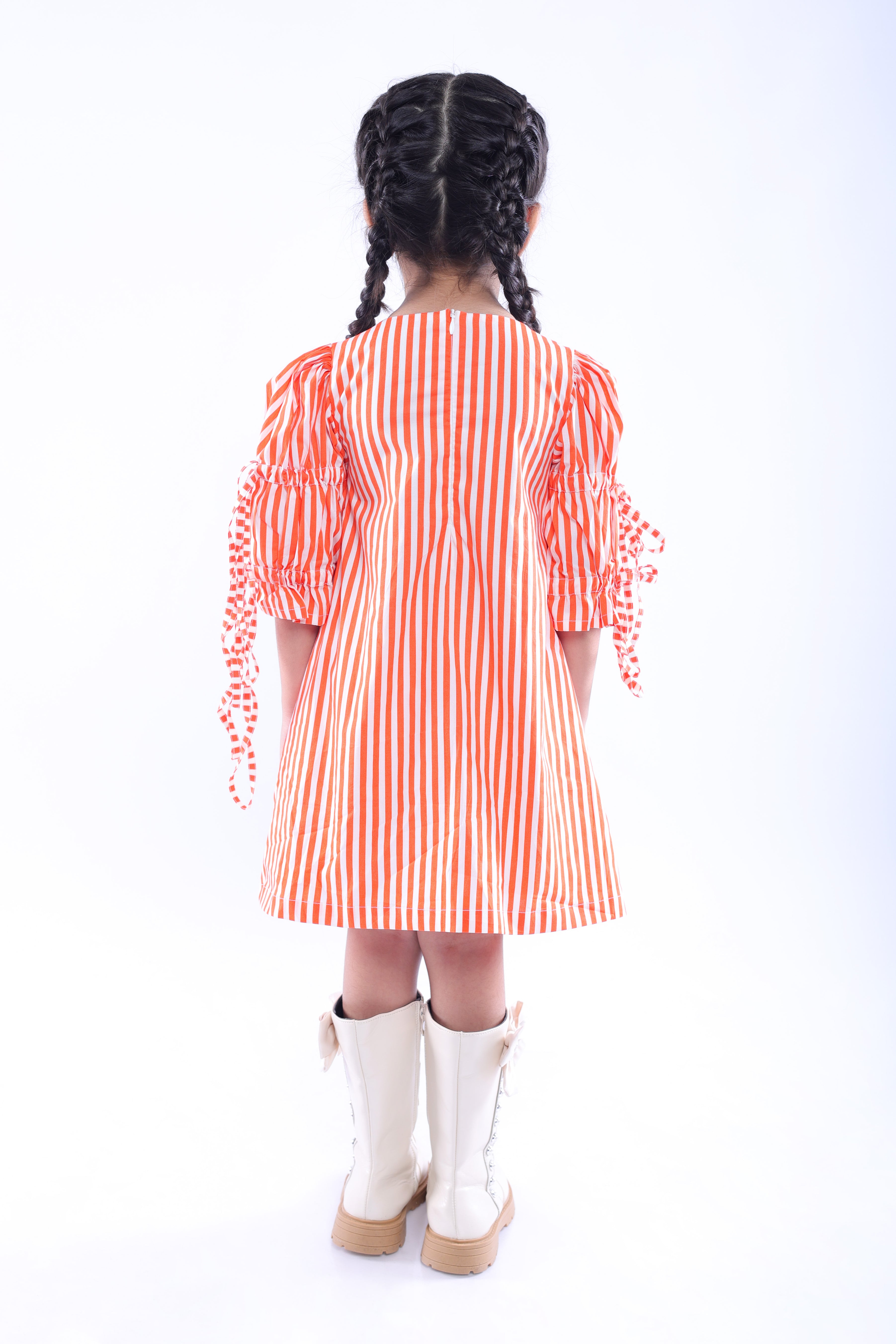 White and Orange Stripe Dress with Embroidered Tree