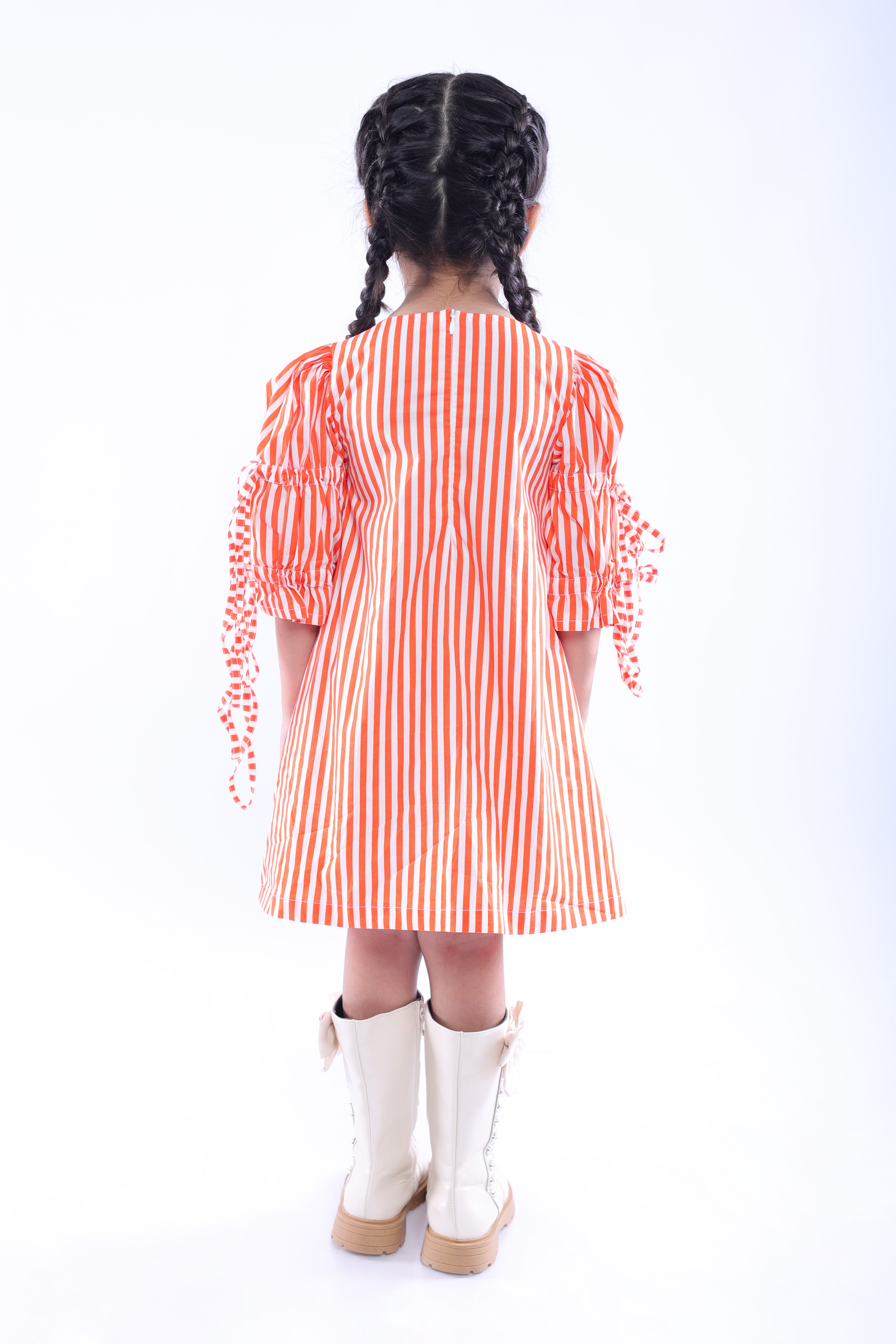 White and Orange Stripe Dress with Embroidered Tree