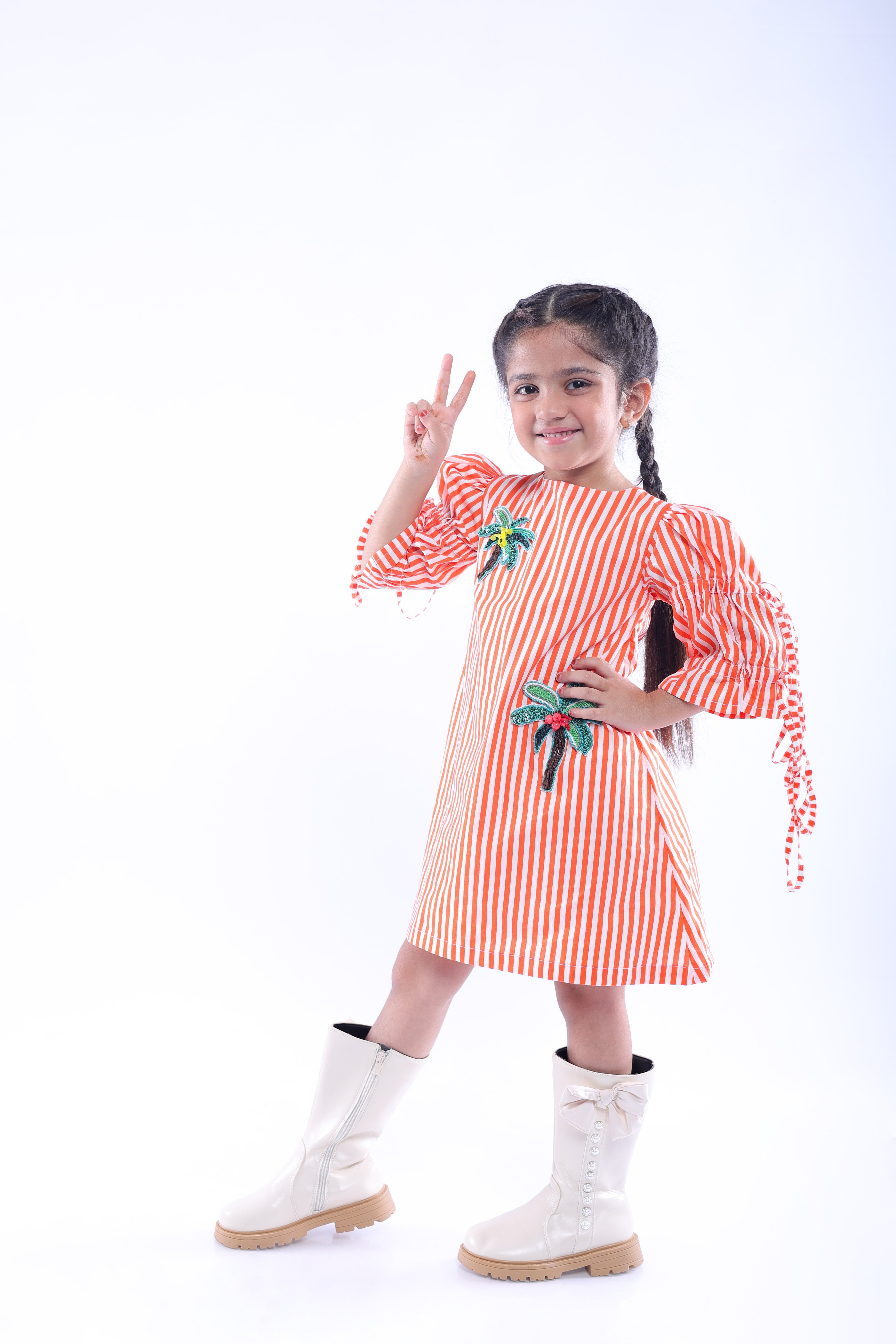 White and Orange Stripe Dress with Embroidered Tree
