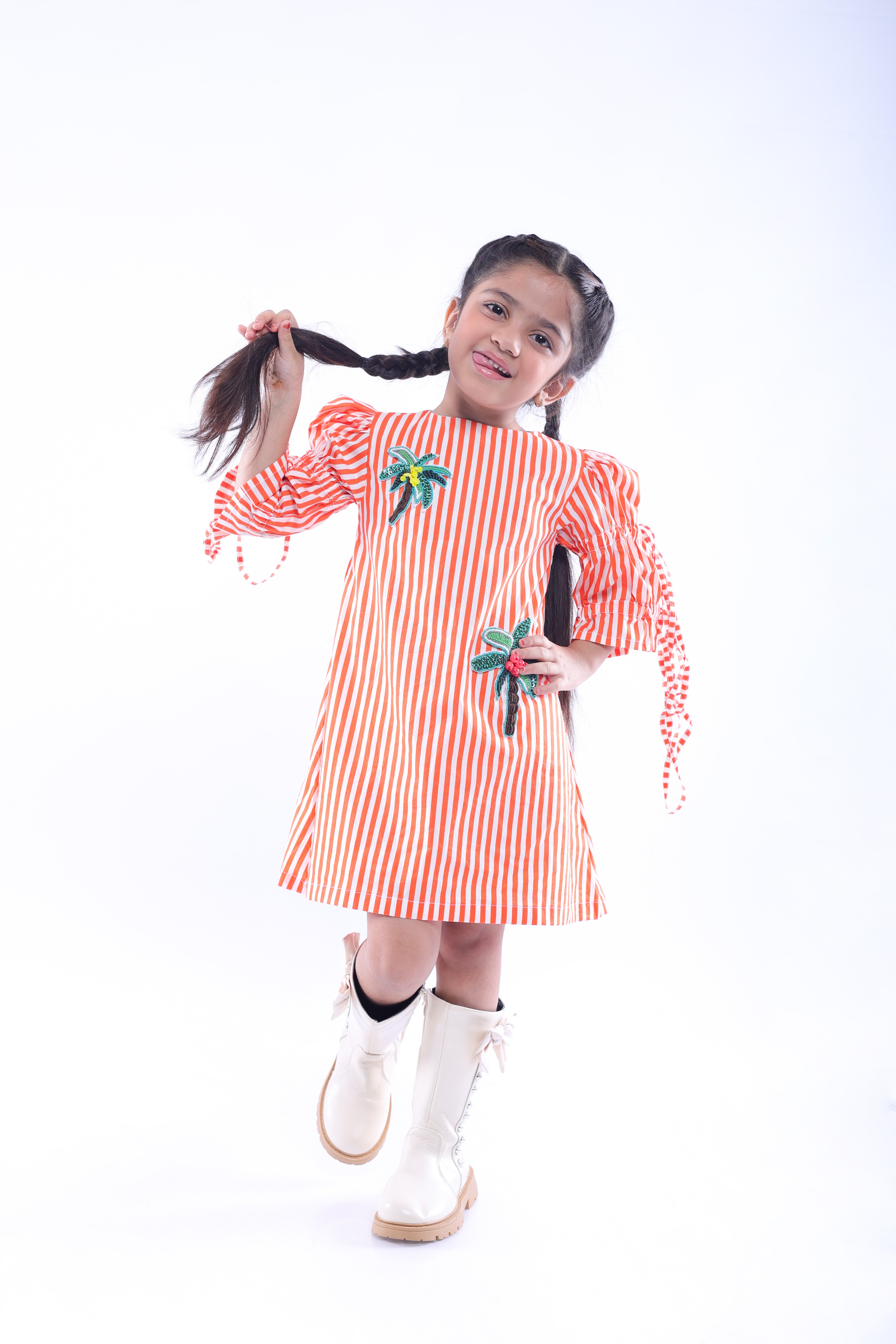 White and Orange Stripe Dress with Embroidered Tree