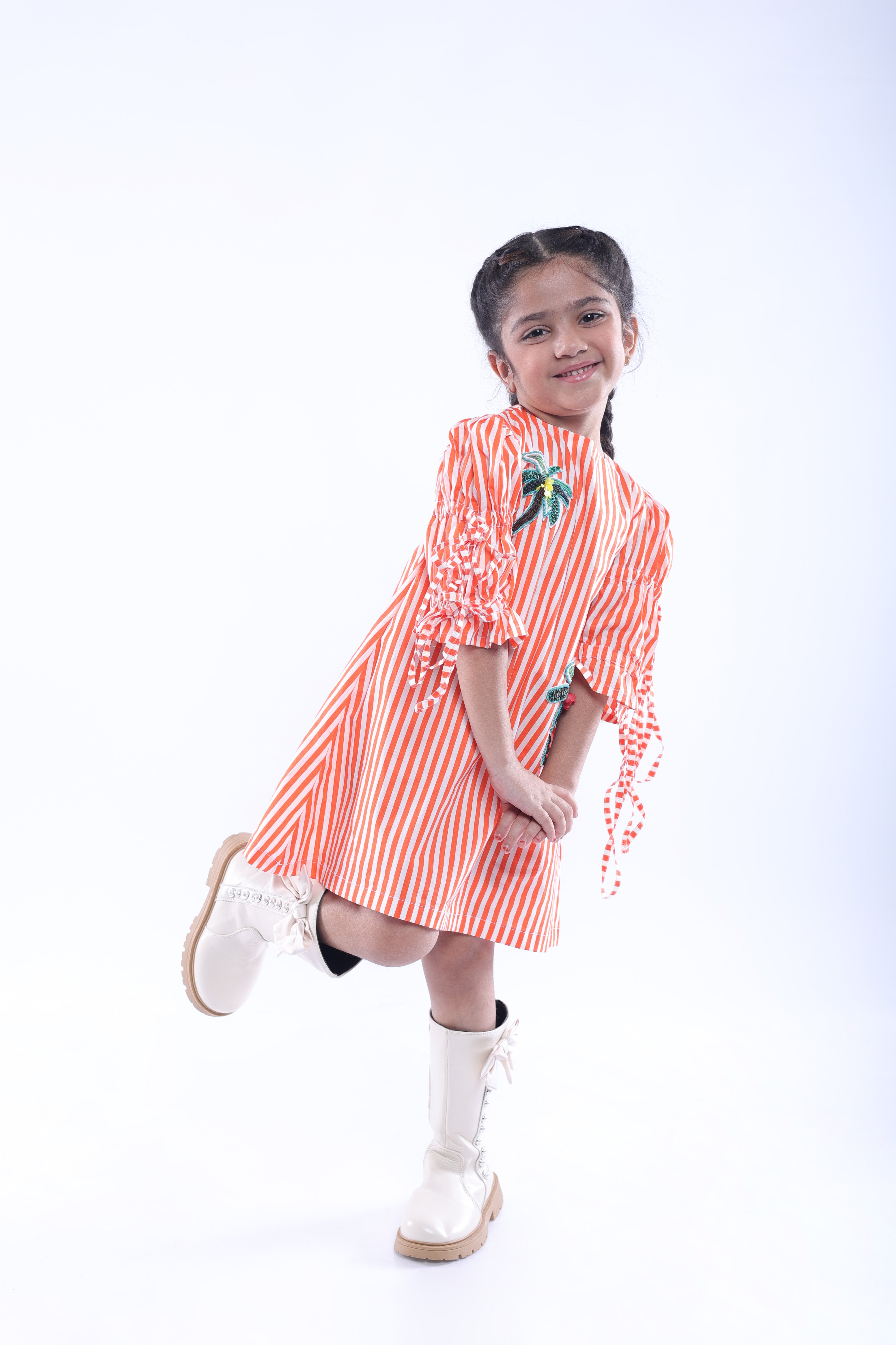 White and Orange Stripe Dress with Embroidered Tree