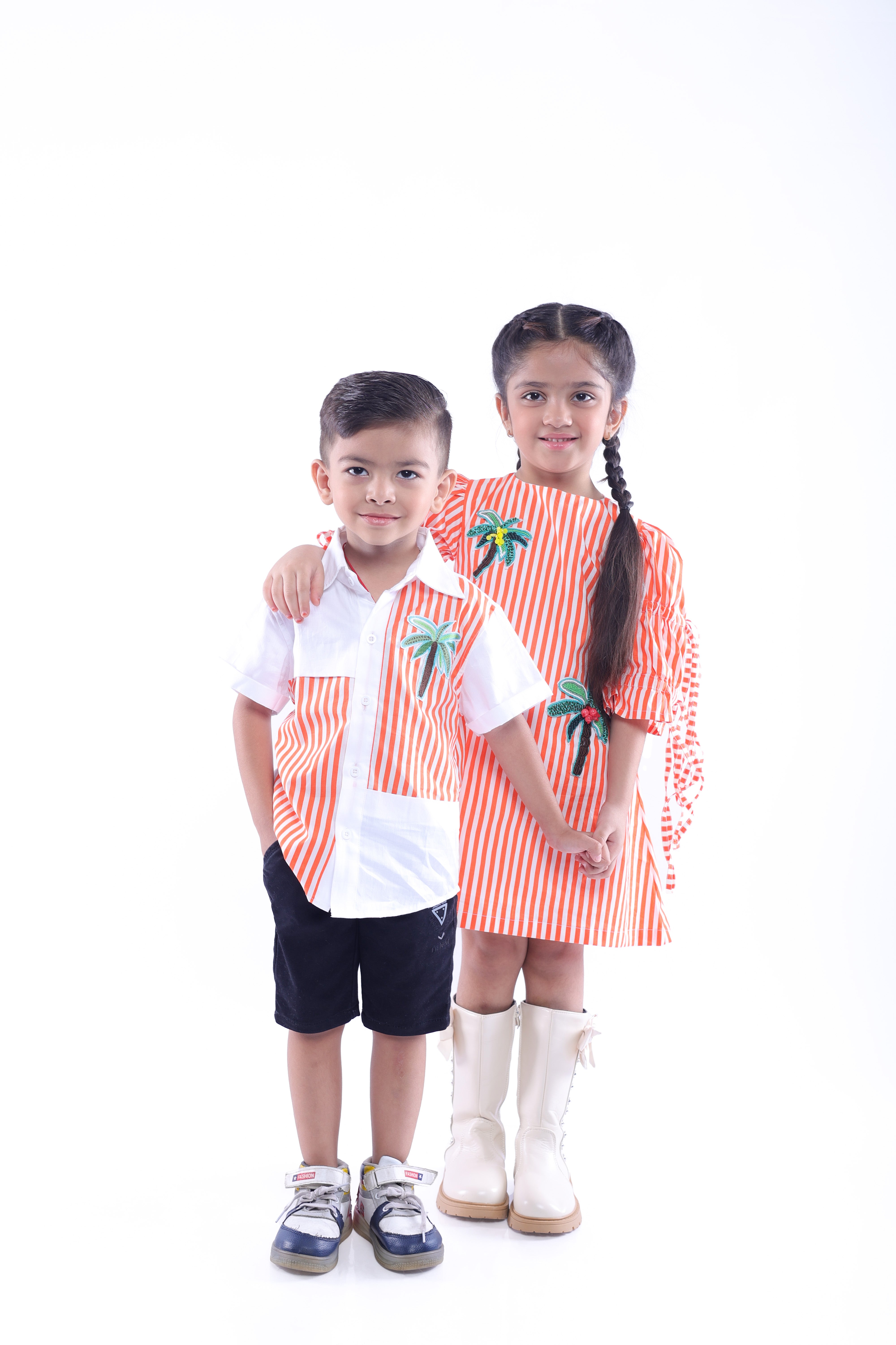 Twinning Set in White and Orange Stripe with Embroidered Tree