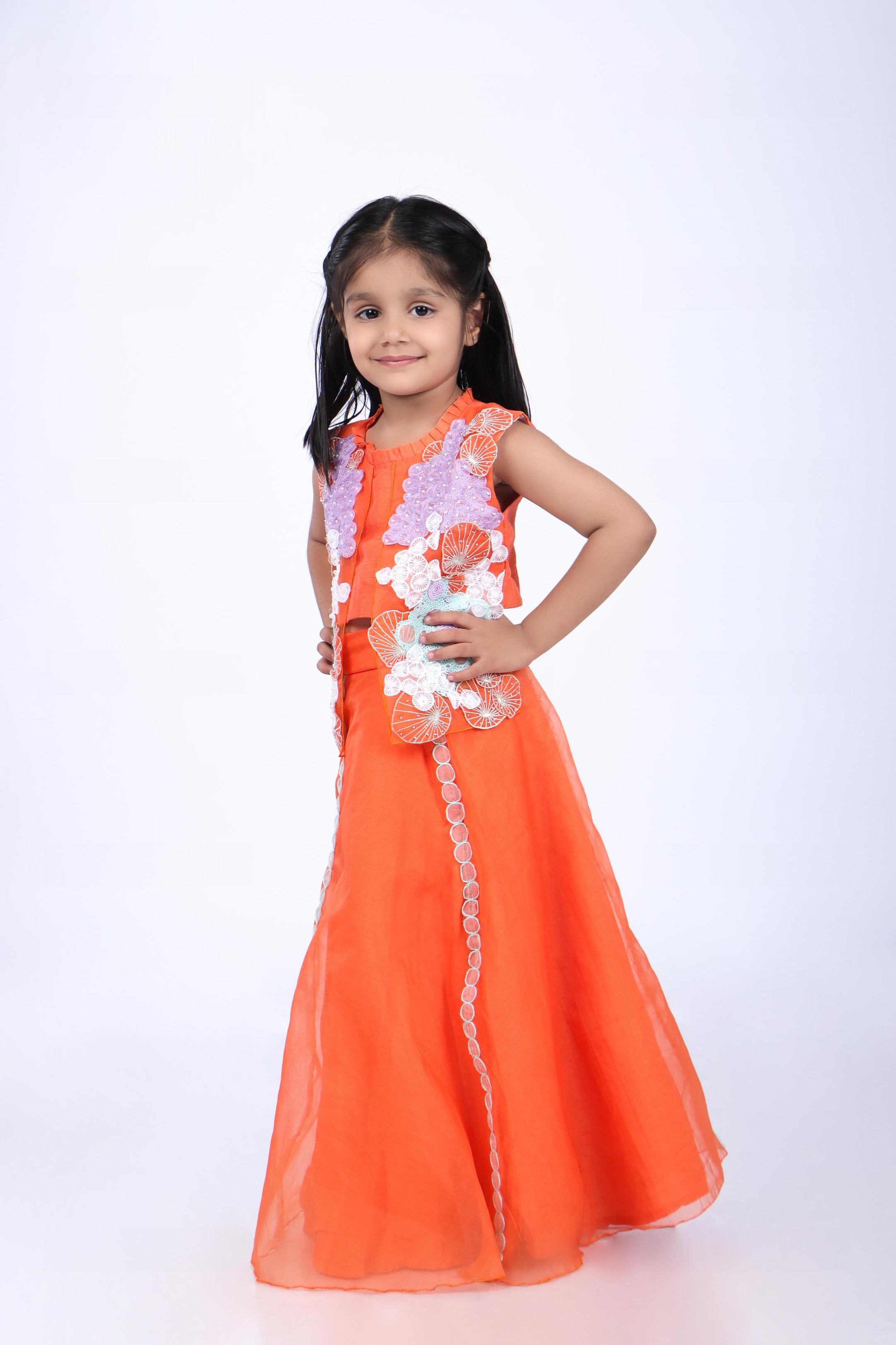 Orange Lehenga and Jacket Style Top with Coral Embroidery