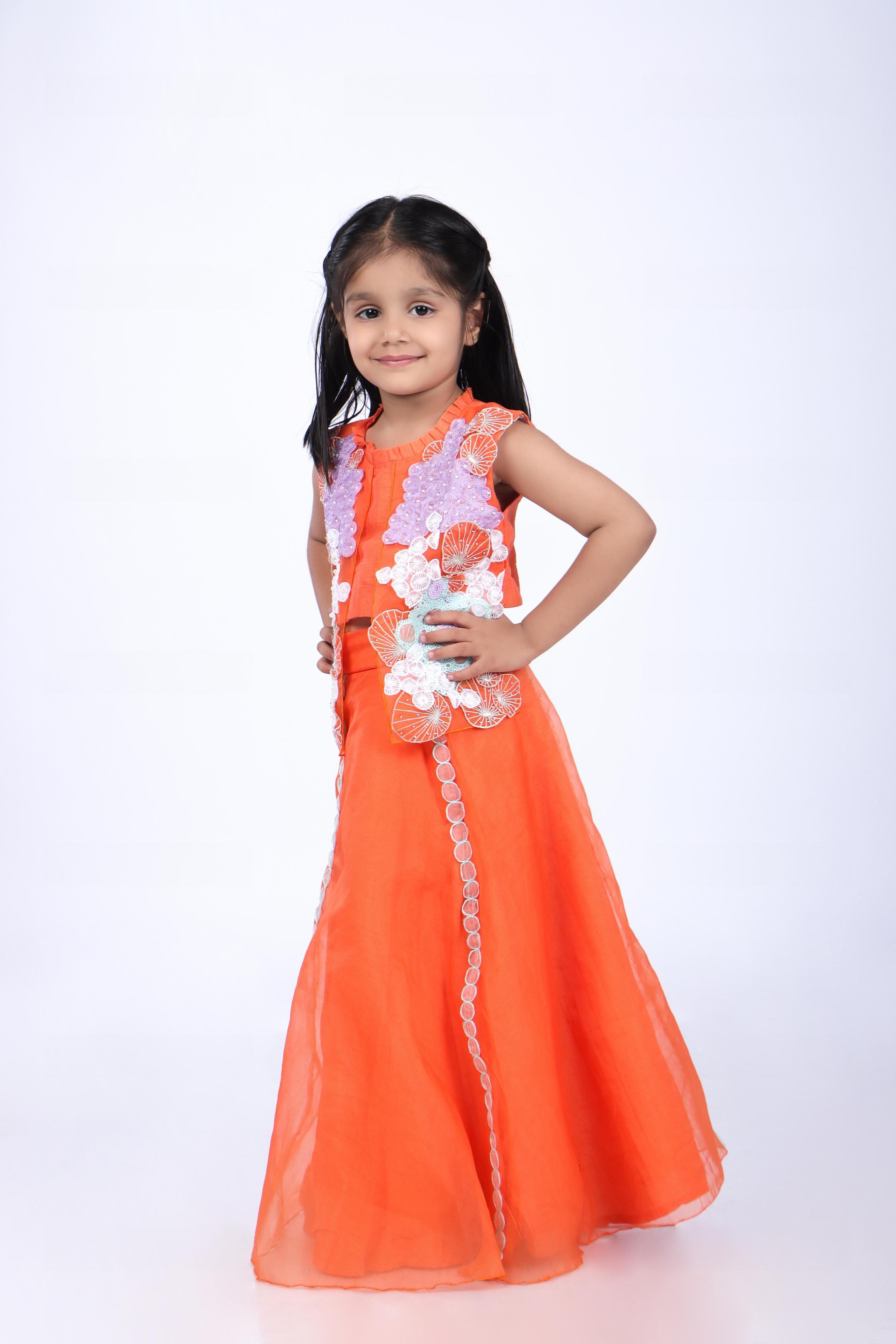Orange Lehenga and Jacket Style Top with Coral Embroidery