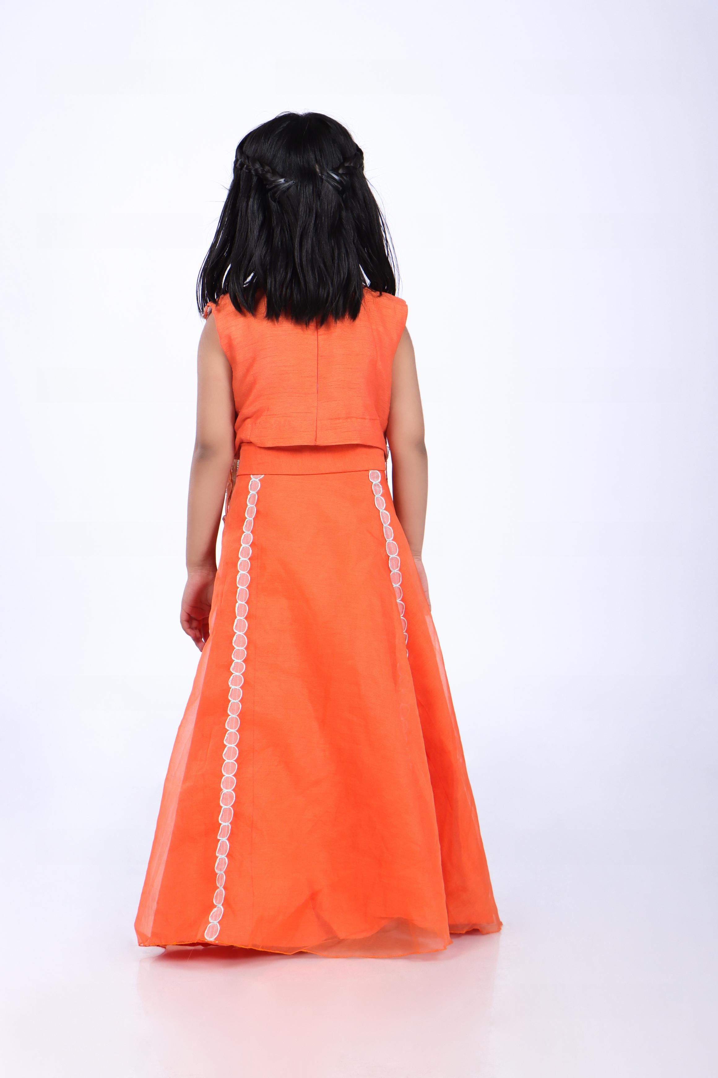 Orange Lehenga and Jacket Style Top with Coral Embroidery