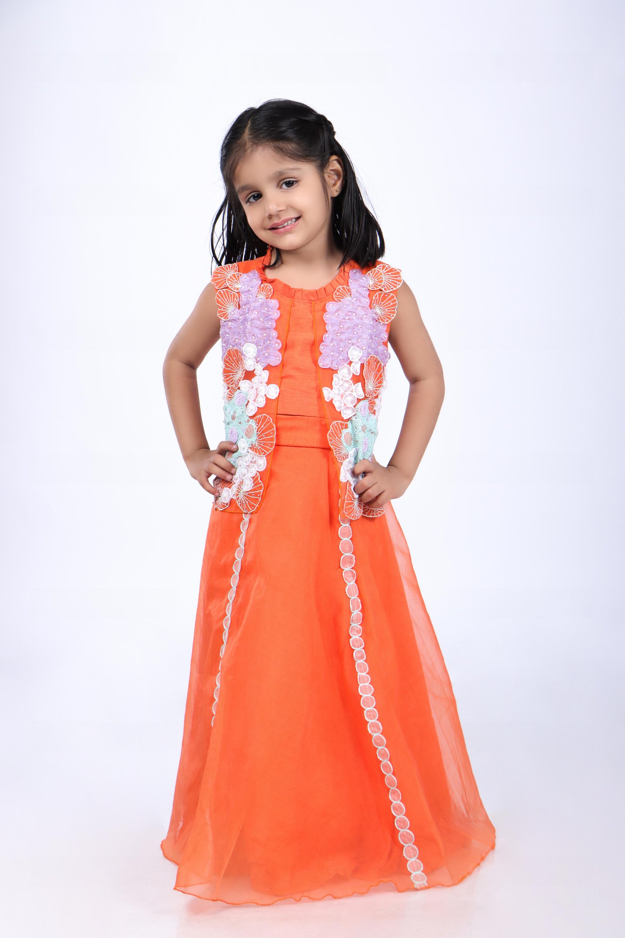 Orange Lehenga and Jacket Style Top with Coral Embroidery