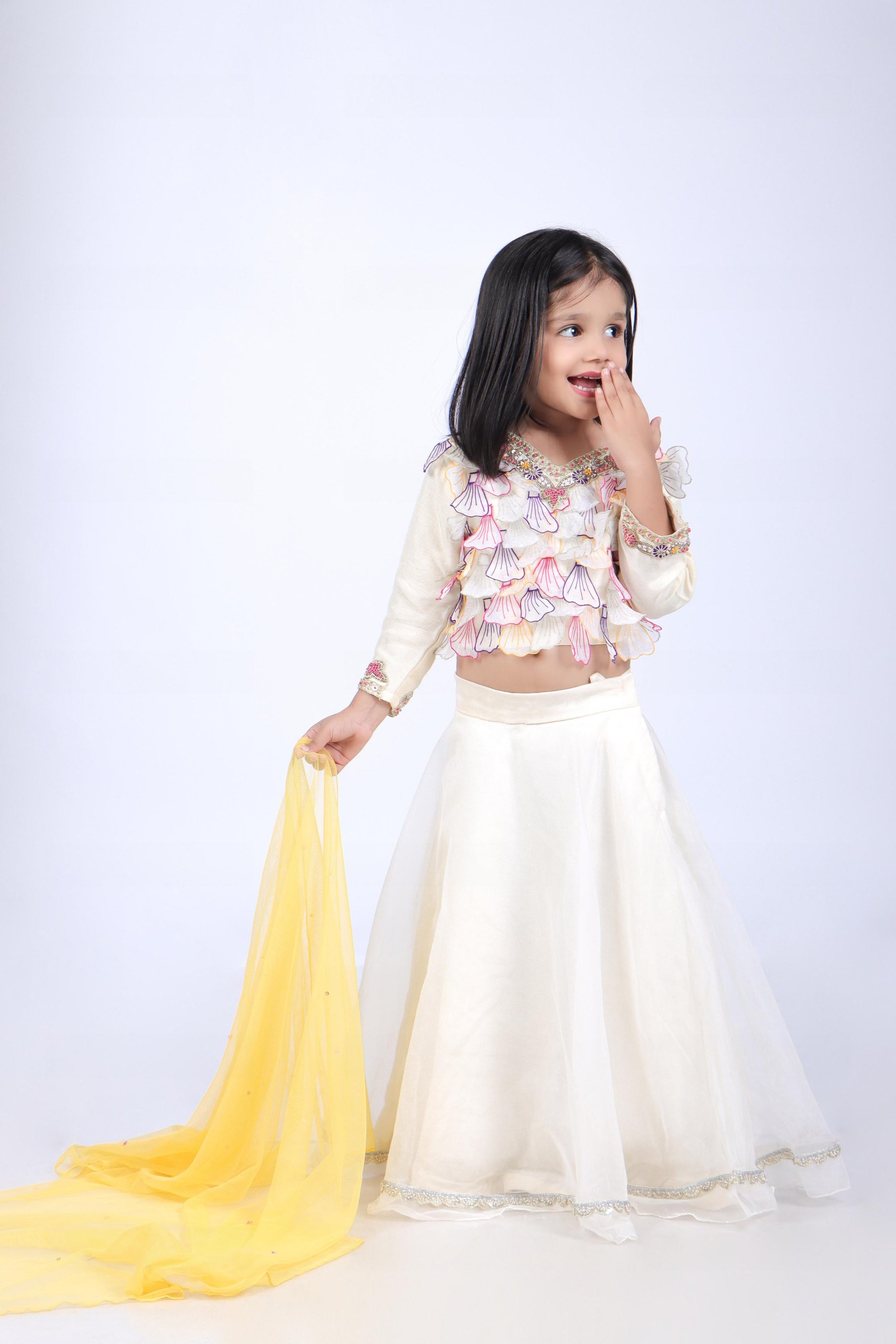 Off White Top and Organza Lehenga with Yellow Dupatta
