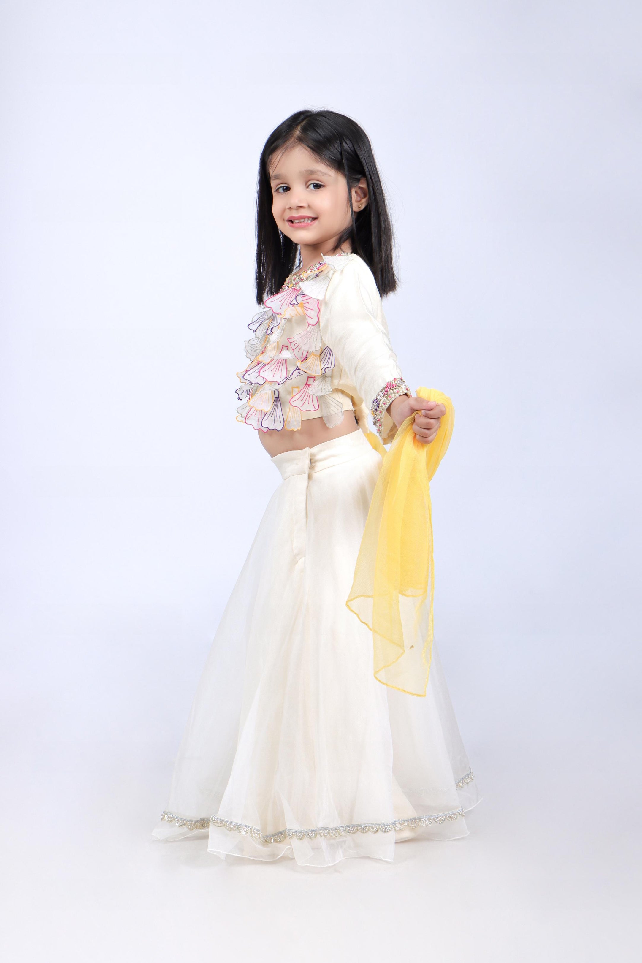 Off White Top and Organza Lehenga with Yellow Dupatta