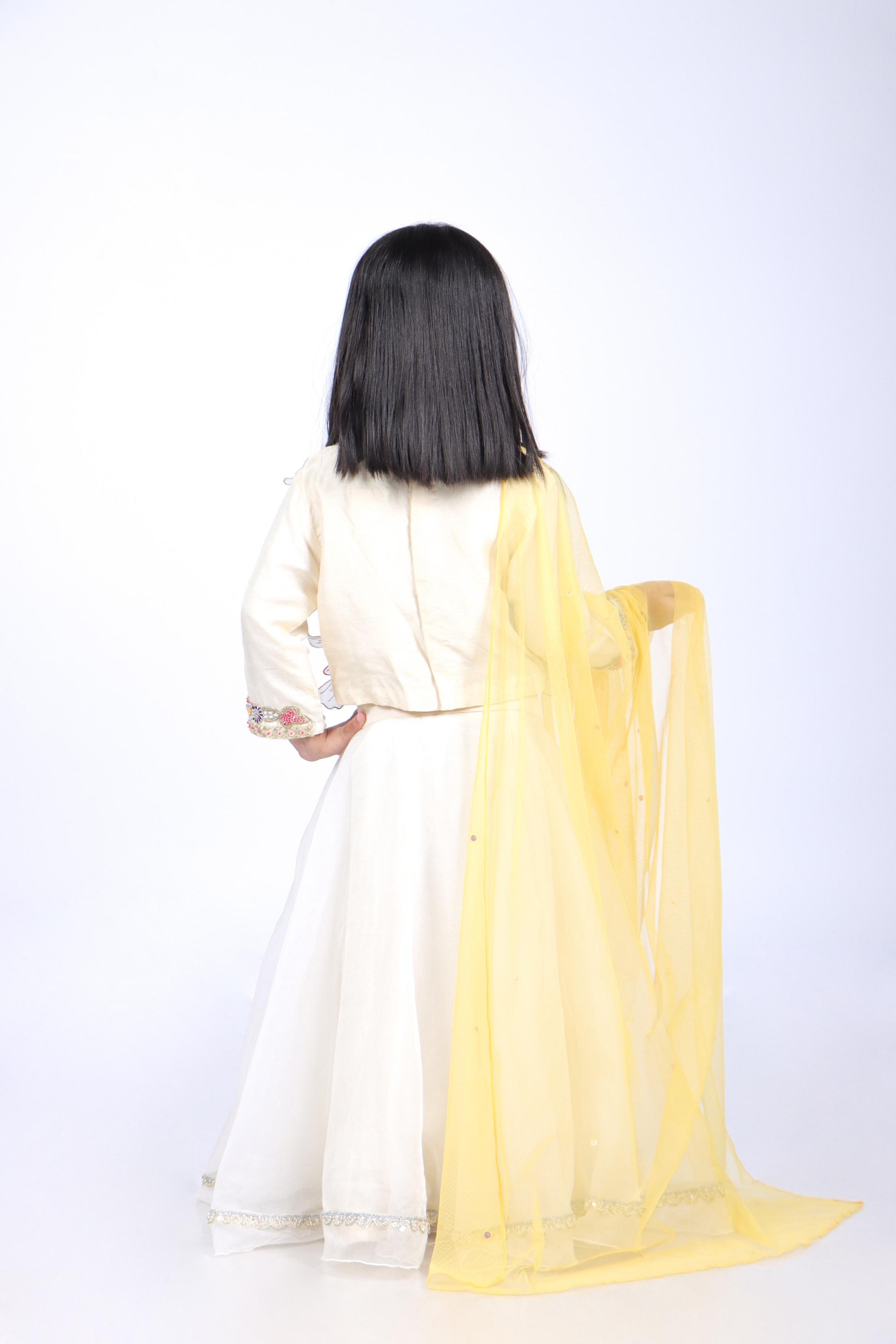 Off White Top and Organza Lehenga with Yellow Dupatta