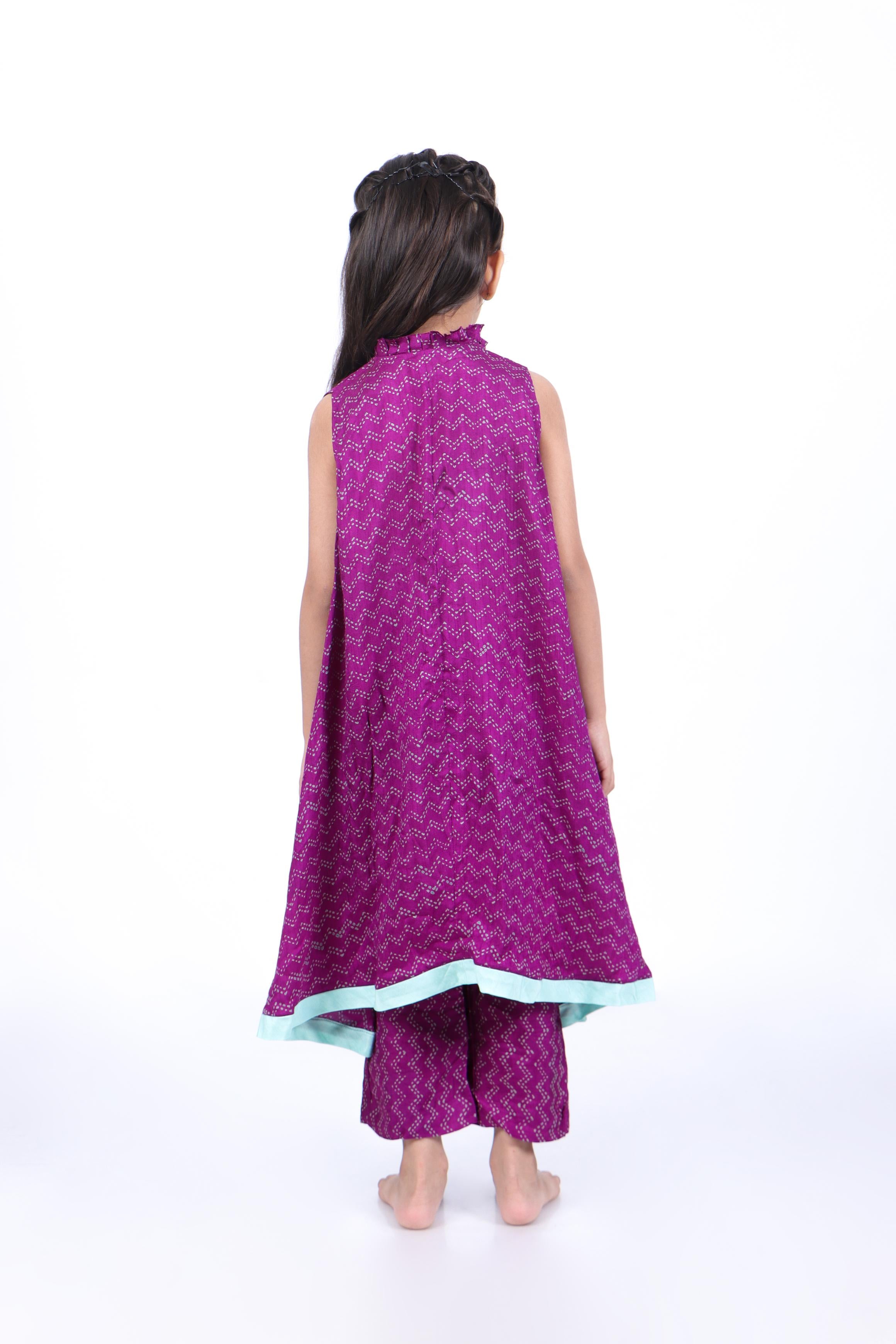 Geometric Print A-Line Purple Kurta with Pants