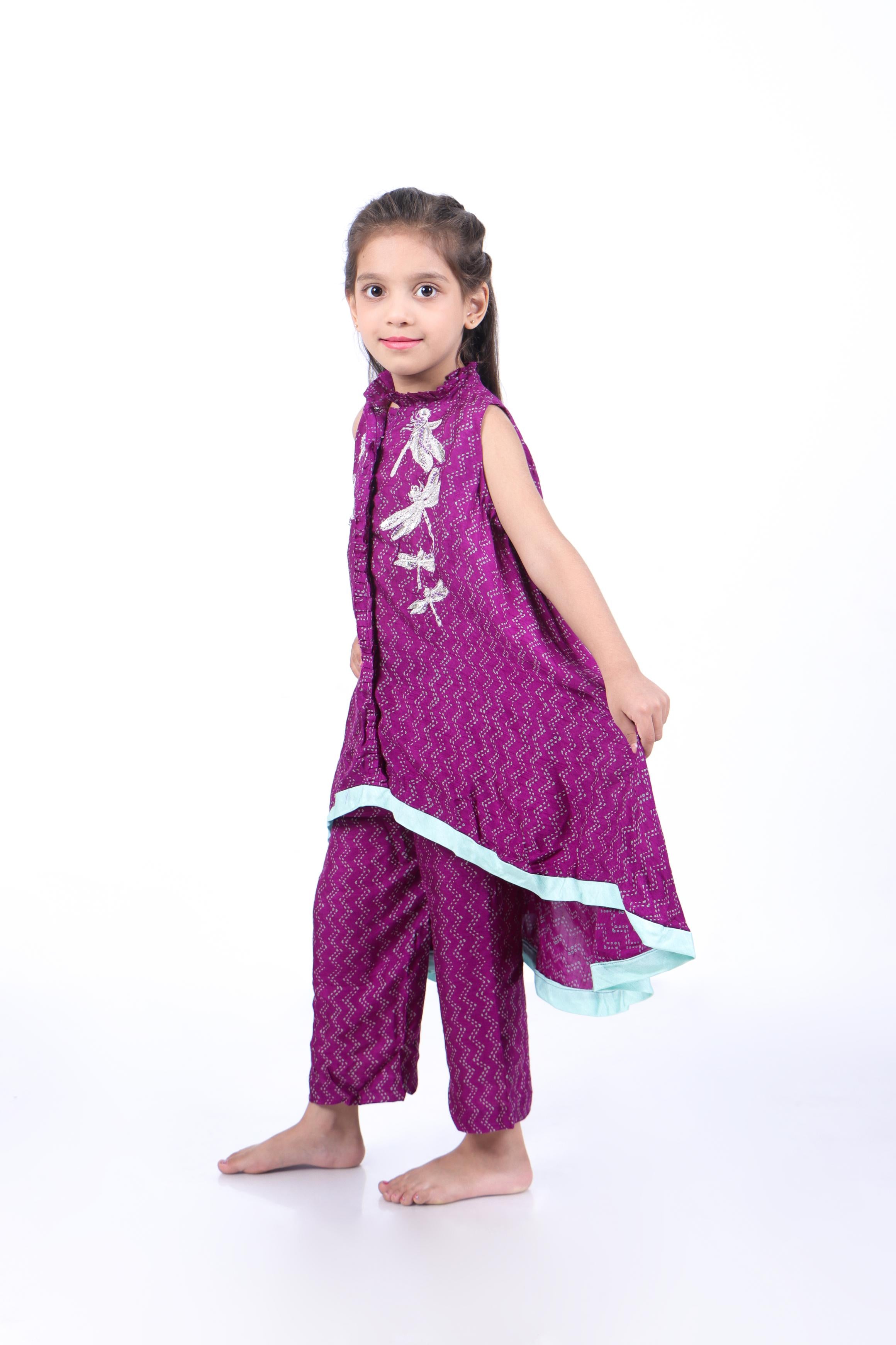 Geometric Print A-Line Purple Kurta with Pants