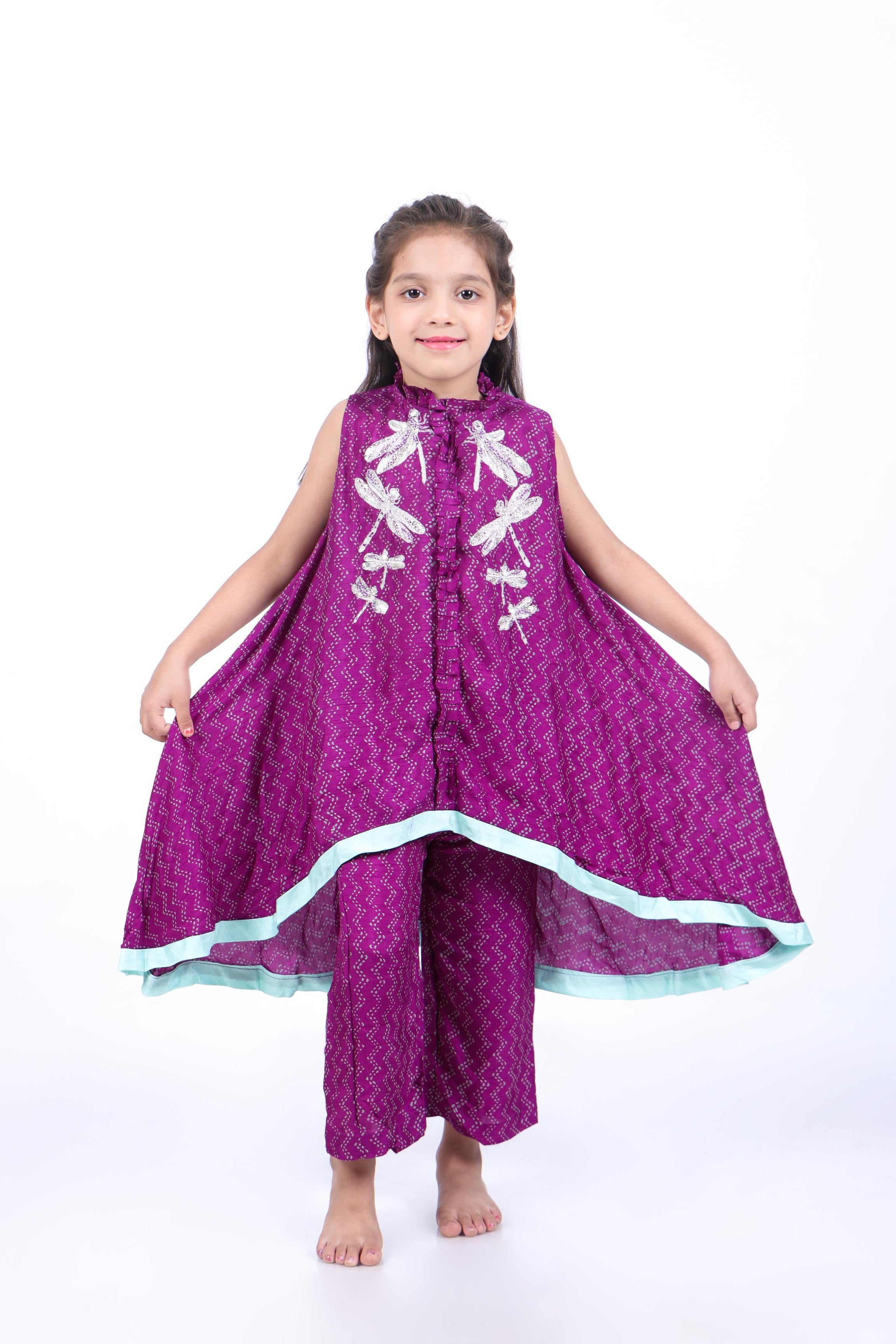 Geometric Print A-Line Purple Kurta with Pants