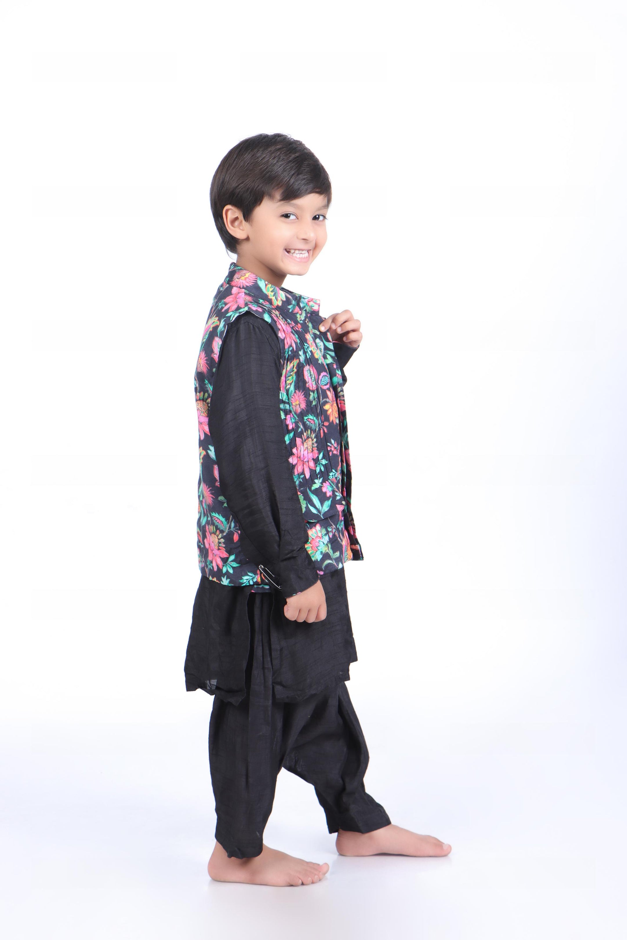 Black Floral Jacket with Kurta and Patiala